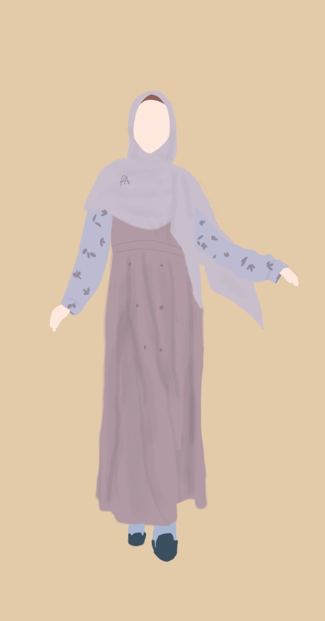 Faceless woman wearing a lavender hijab and purple dress with a light blue coat against a beige background.