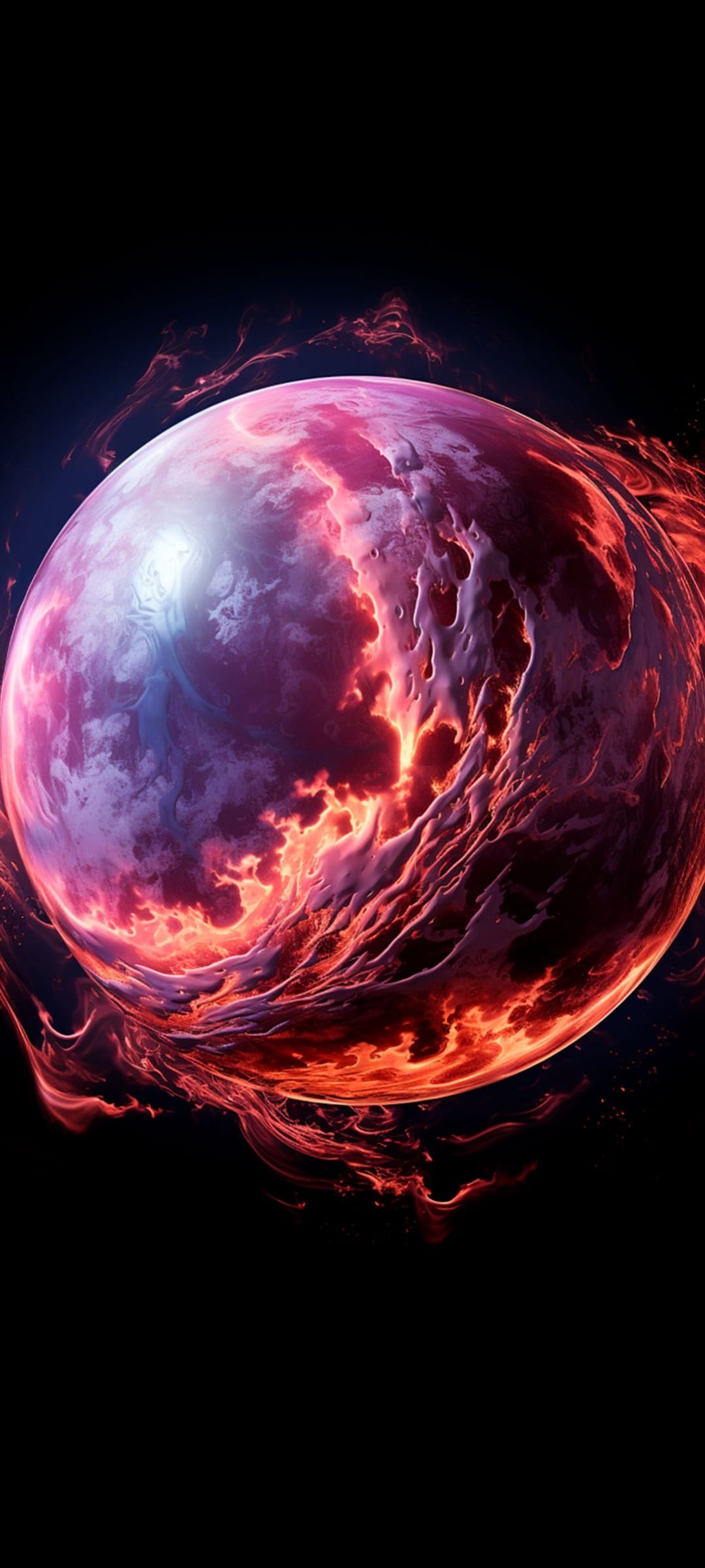 Volcanic alien planet featuring glowing magma fissures and dark rock against a vivid purple and black nebula.