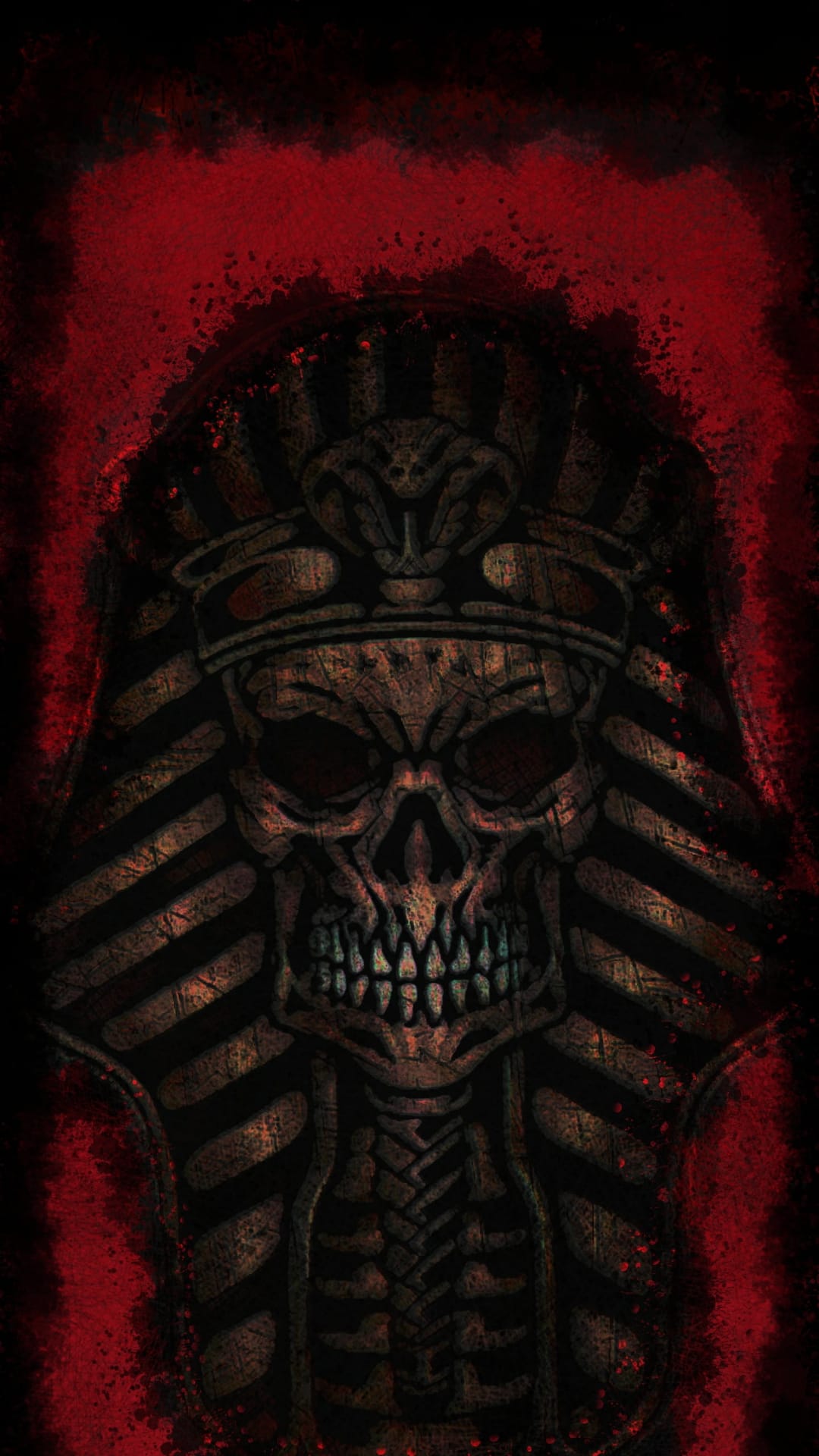 Weathered pharaoh skull with a cobra headdress set against a dark red smoky background with sarcophagus details.