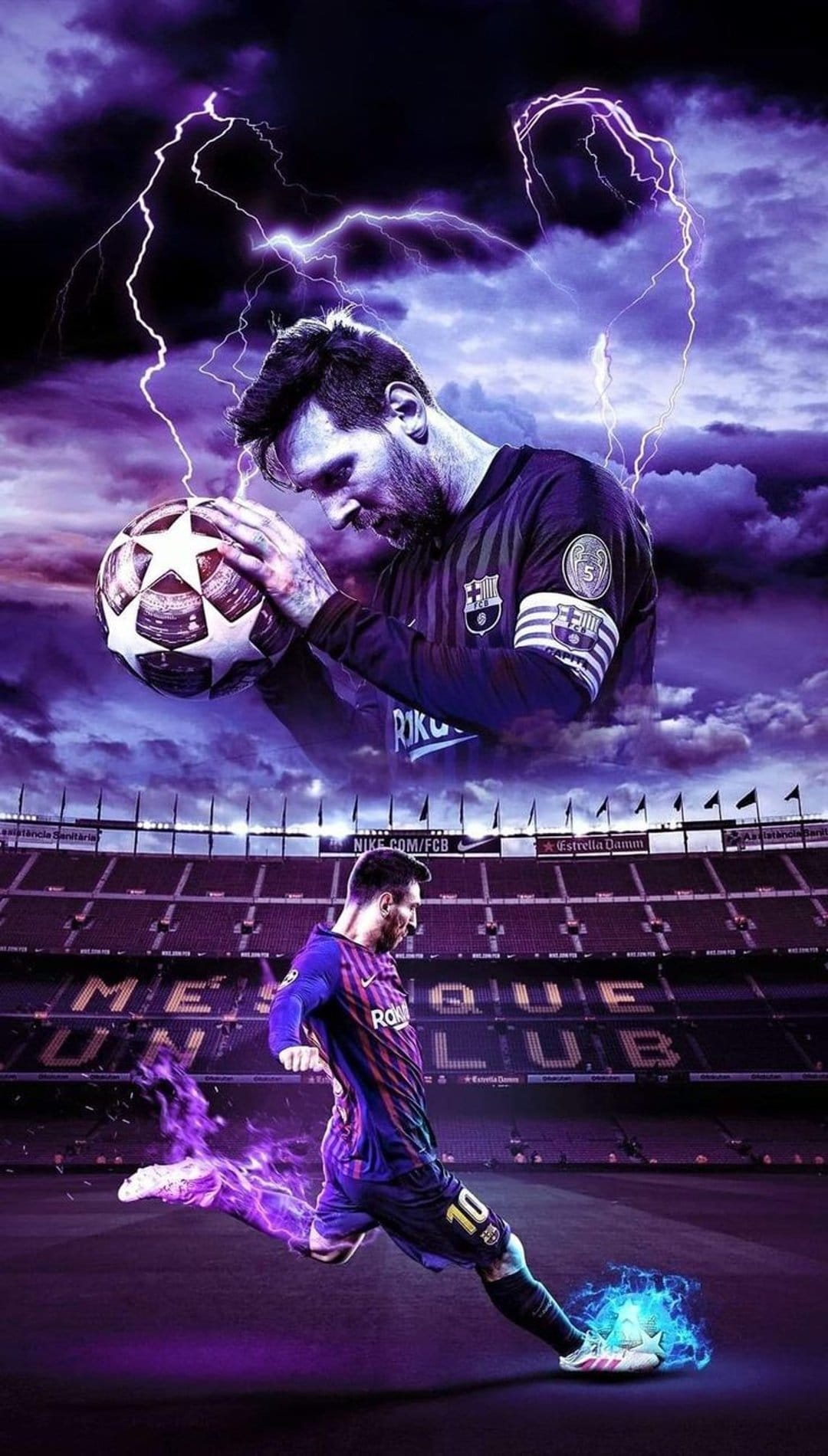 Lionel Messi dribbles a soccer ball as purple lightning strikes and orange fire blazes near his feet in a stadium.