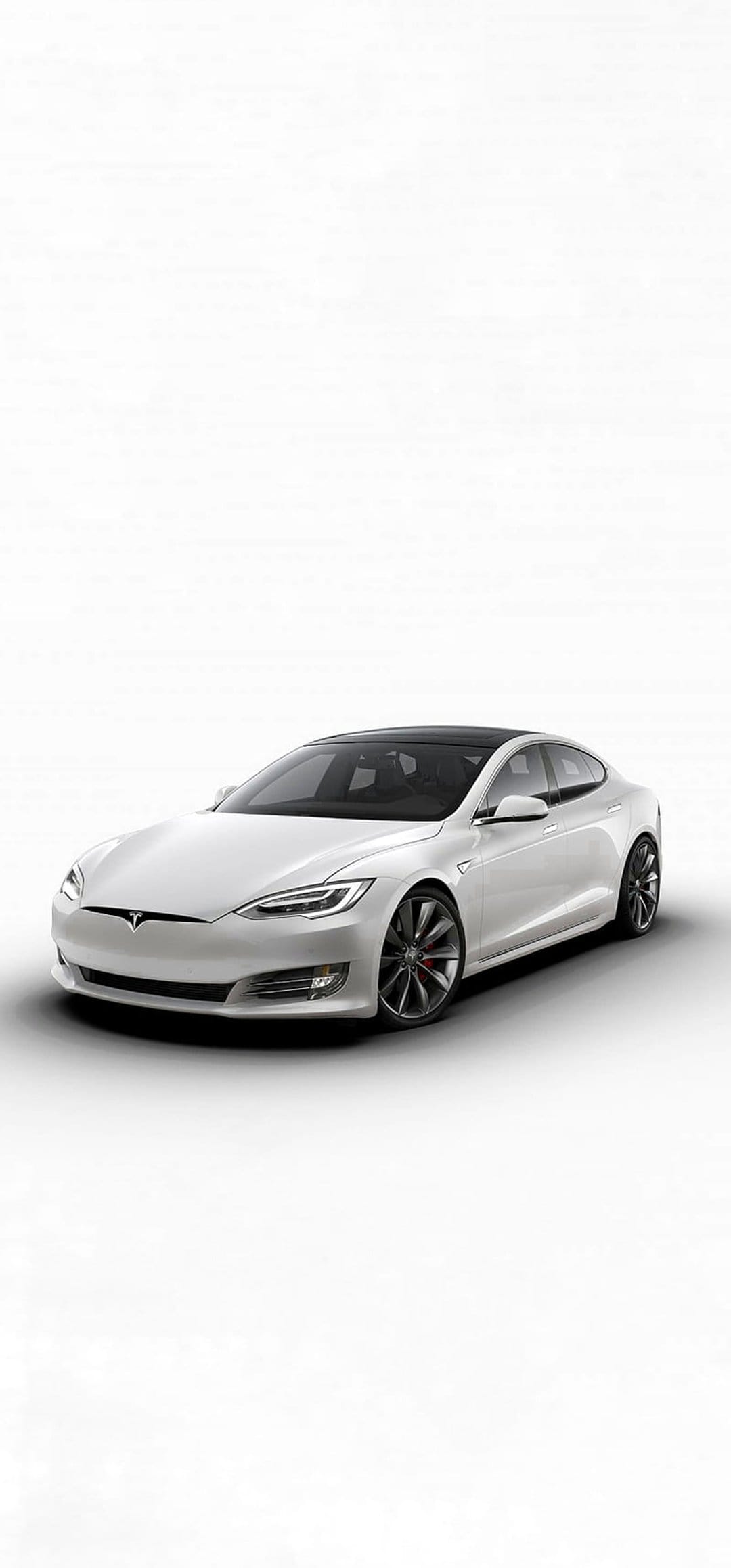 White Tesla Model S electric sedan with red brake calipers and LED headlights on a minimalist white background.