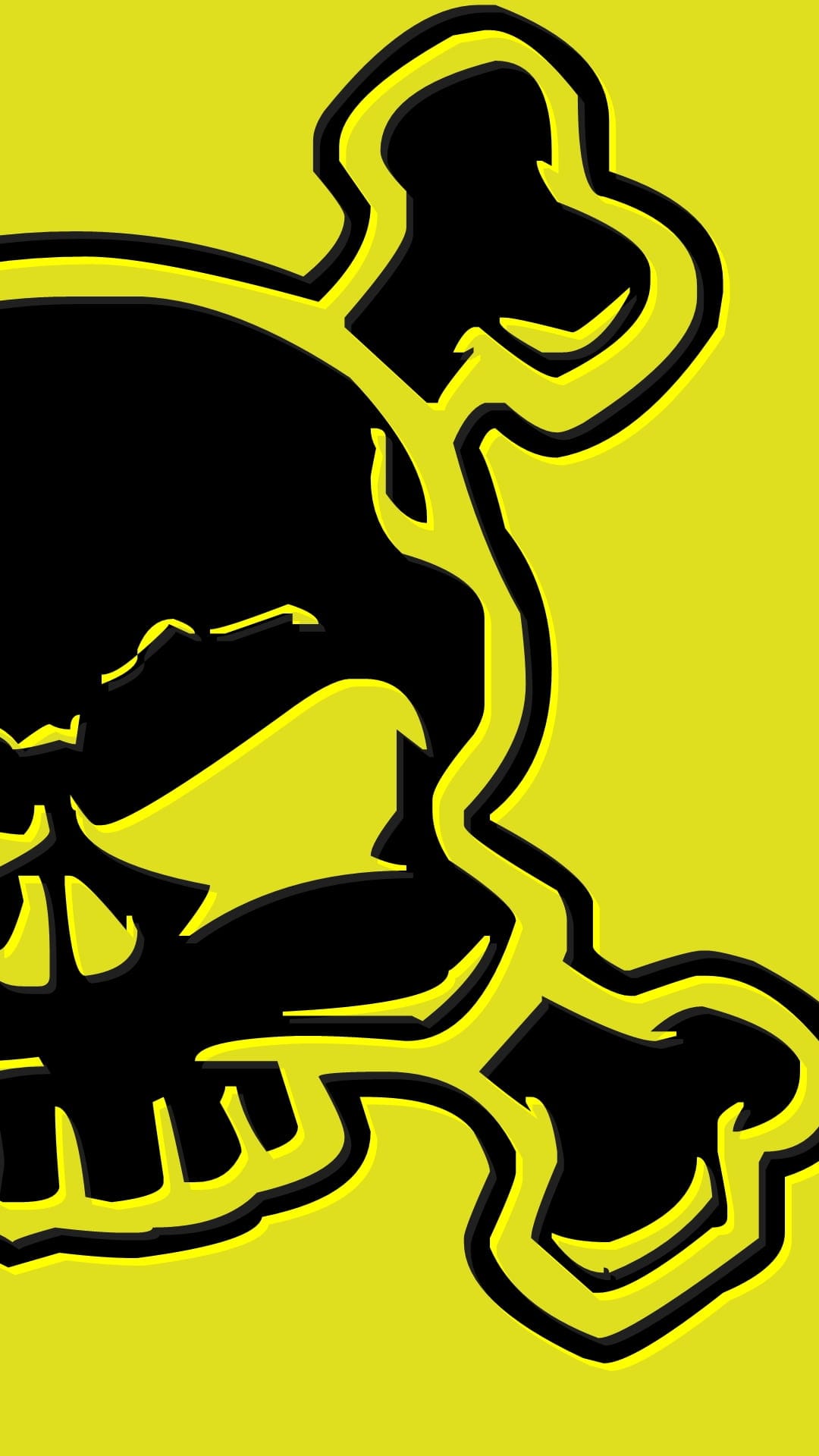 Black skull and crossbones with a thick yellow outline centered on a vibrant solid yellow background.