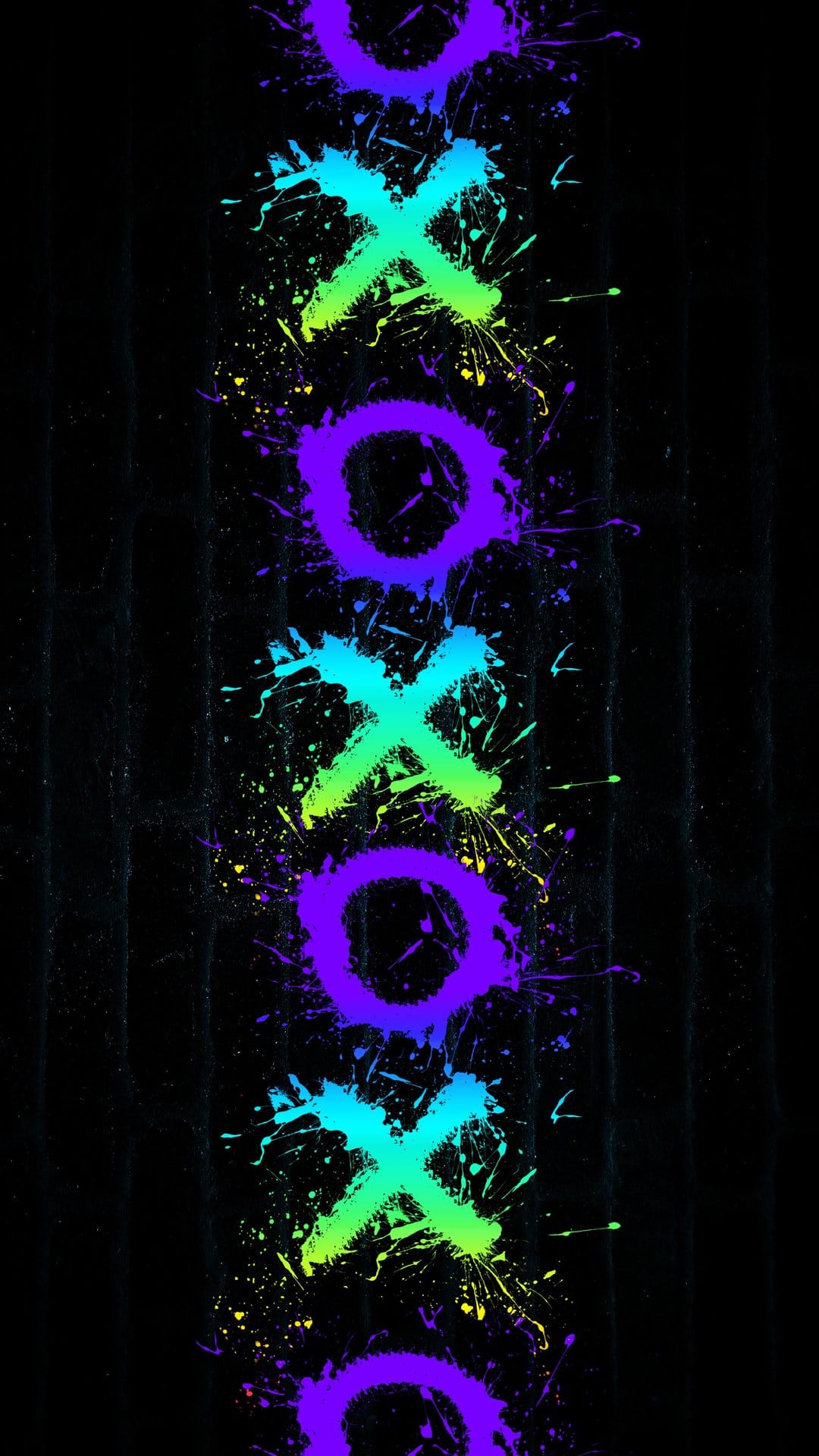 Glowing green X and purple O symbols with luminous paint splatters on a dark, textured vertical background.