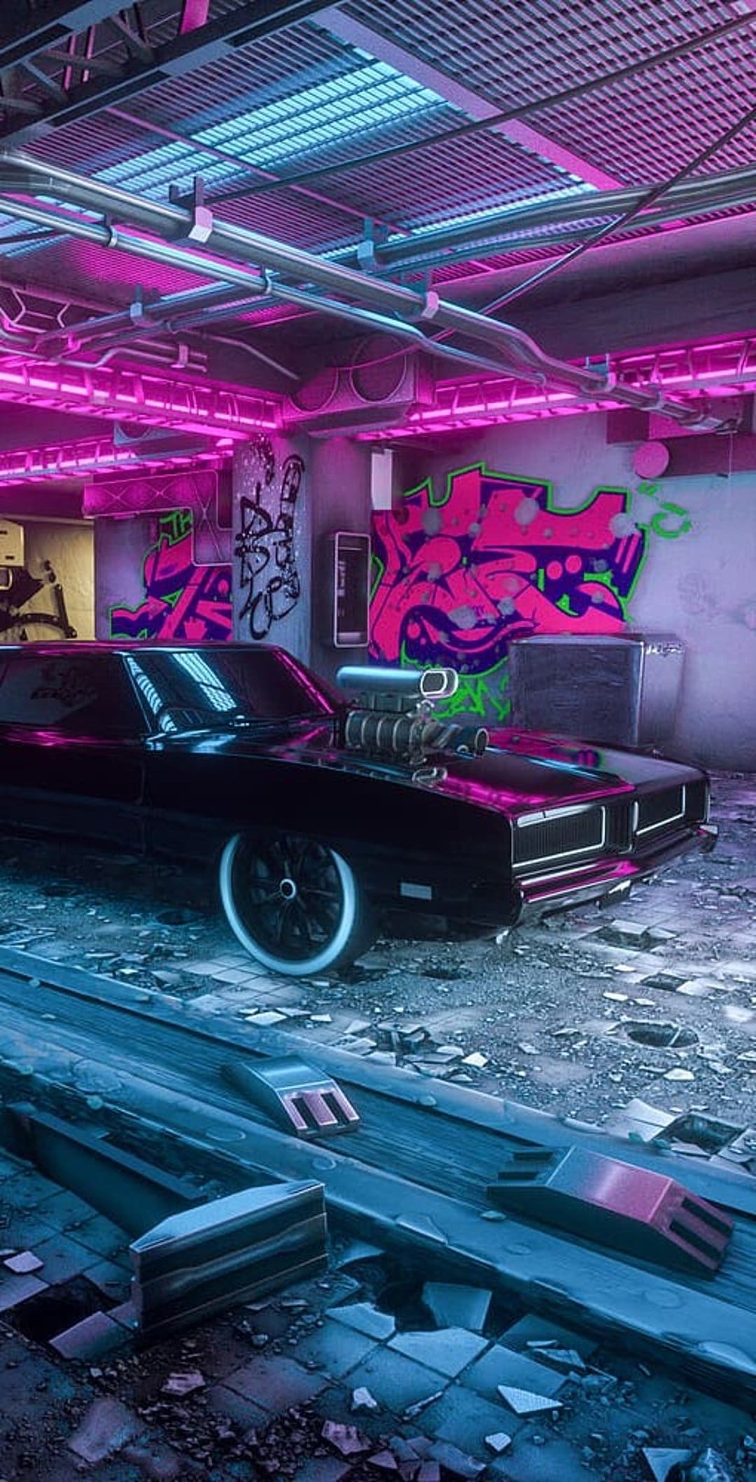Black muscle car with a supercharger in a garage with neon pink and blue lights and graffiti-covered walls.