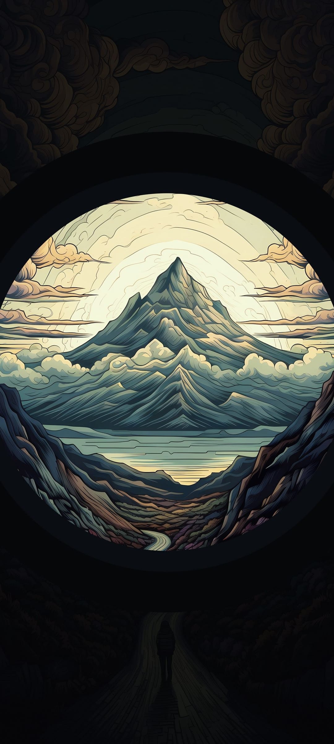 Solitary traveler walks a winding mountain path toward a serene lake and peaks inside a circular vignette.