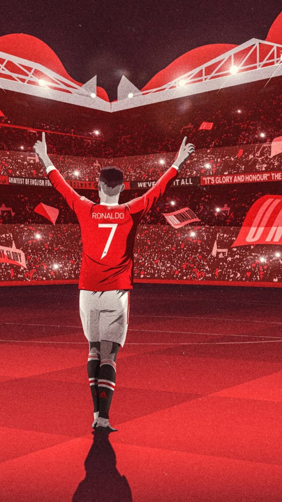 Cristiano Ronaldo raises his arms in a red-lit stadium while wearing a Manchester United number seven jersey.