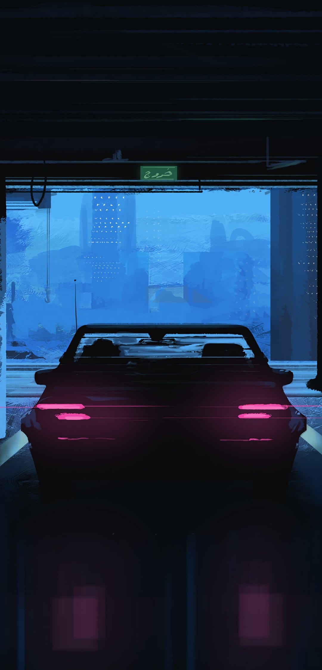 Sleek black convertible with pink taillights exiting a garage under a green Arabic sign into a hazy neon city.