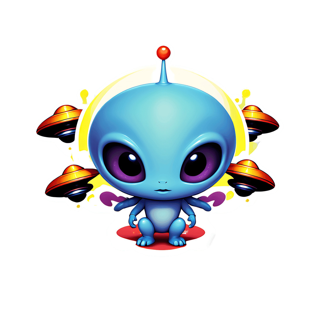 Blue alien sticker with glossy purple eyes sits on a red base surrounded by four gold flying saucers.