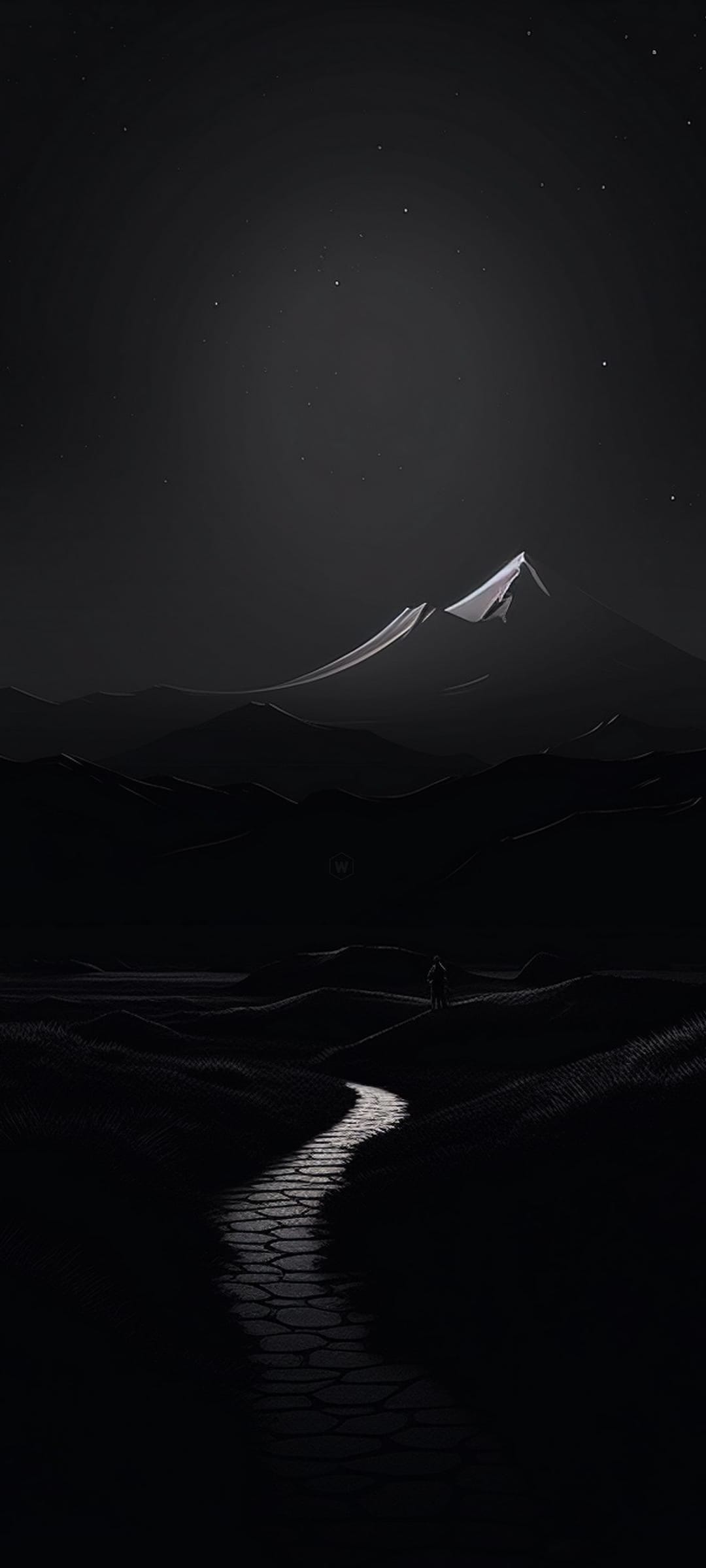 Solitary traveler walks a stone path toward glowing snow peaks under a star-filled midnight sky.