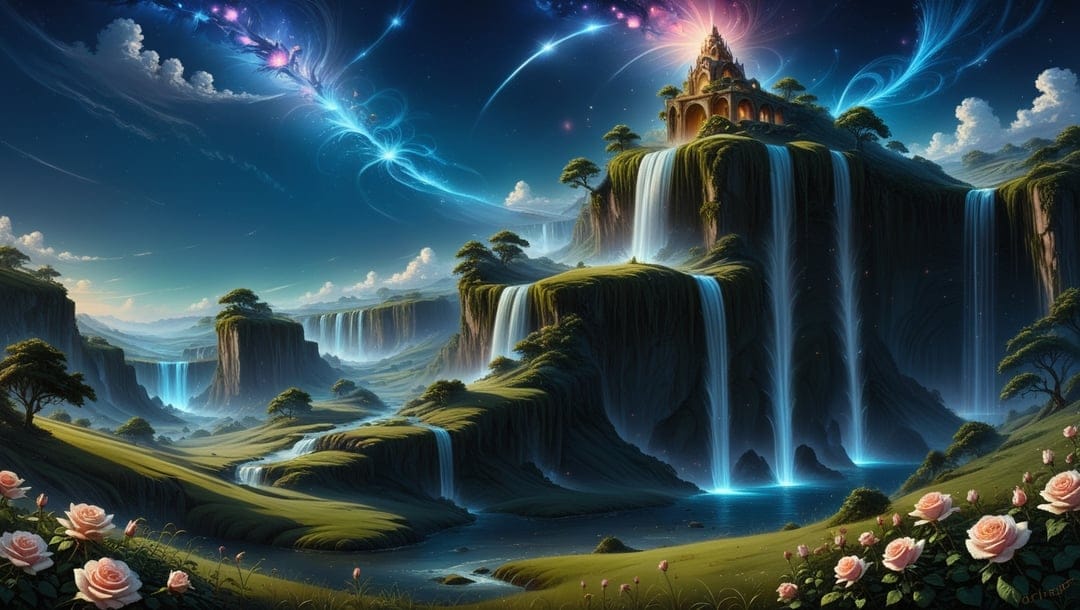 Stone castle atop a mountain with waterfalls under a purple cosmic nebula, shooting stars, and pink roses.