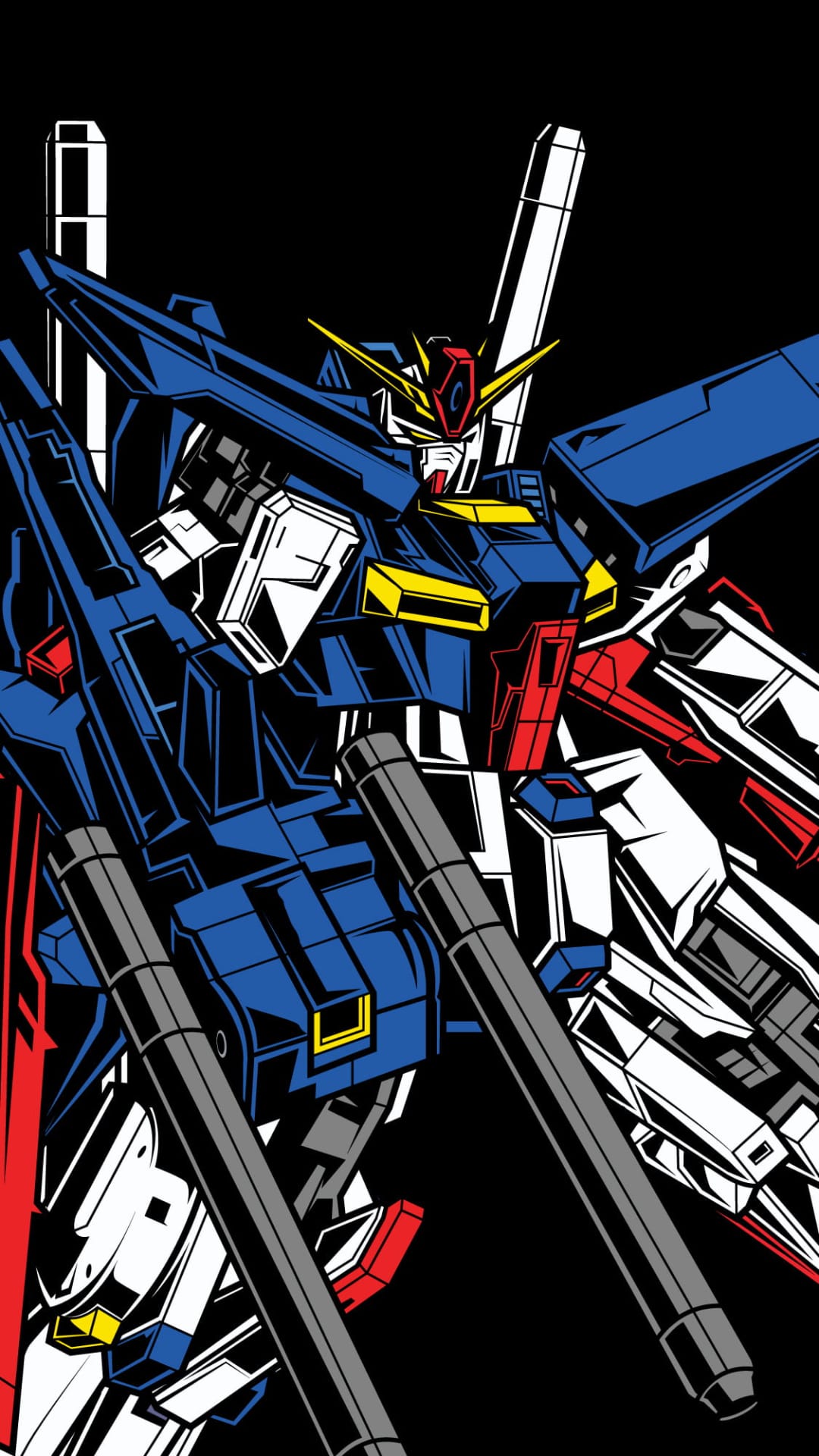 Zeta Gundam mecha with blue and white armor plating, a yellow V-fin, and red accents against a black backdrop.