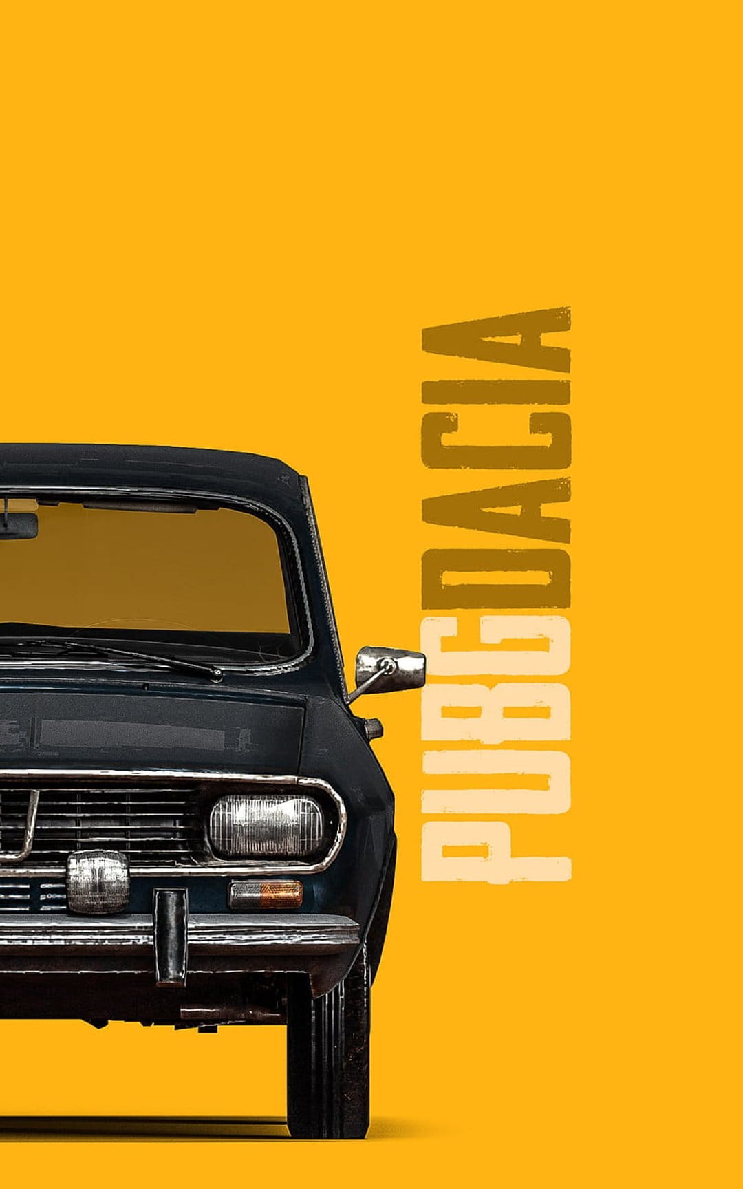 Dacia sedan with a vintage aesthetic sits on a solid yellow background with vertical text along the right edge.