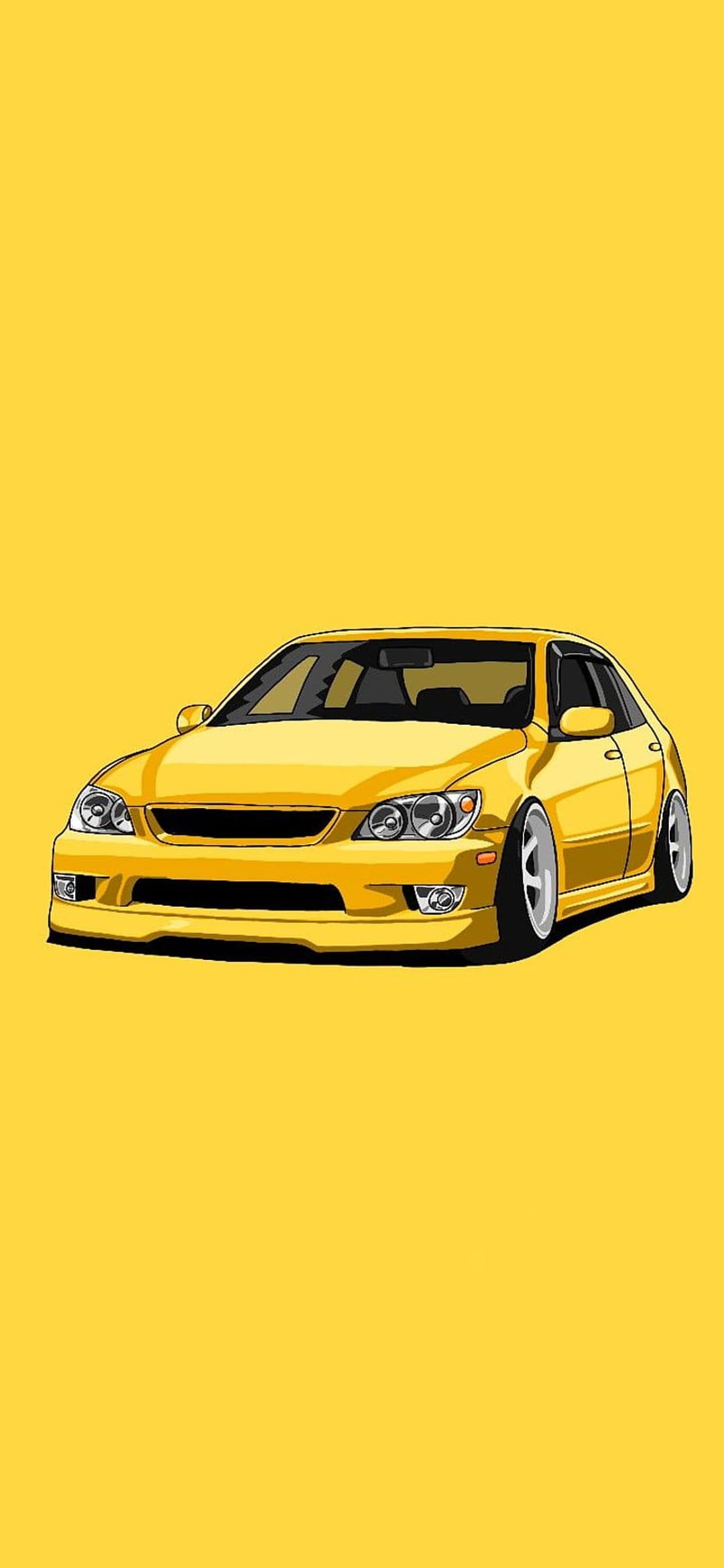 Yellow sport sedan with custom wheels and lowered suspension sits against a solid yellow background.