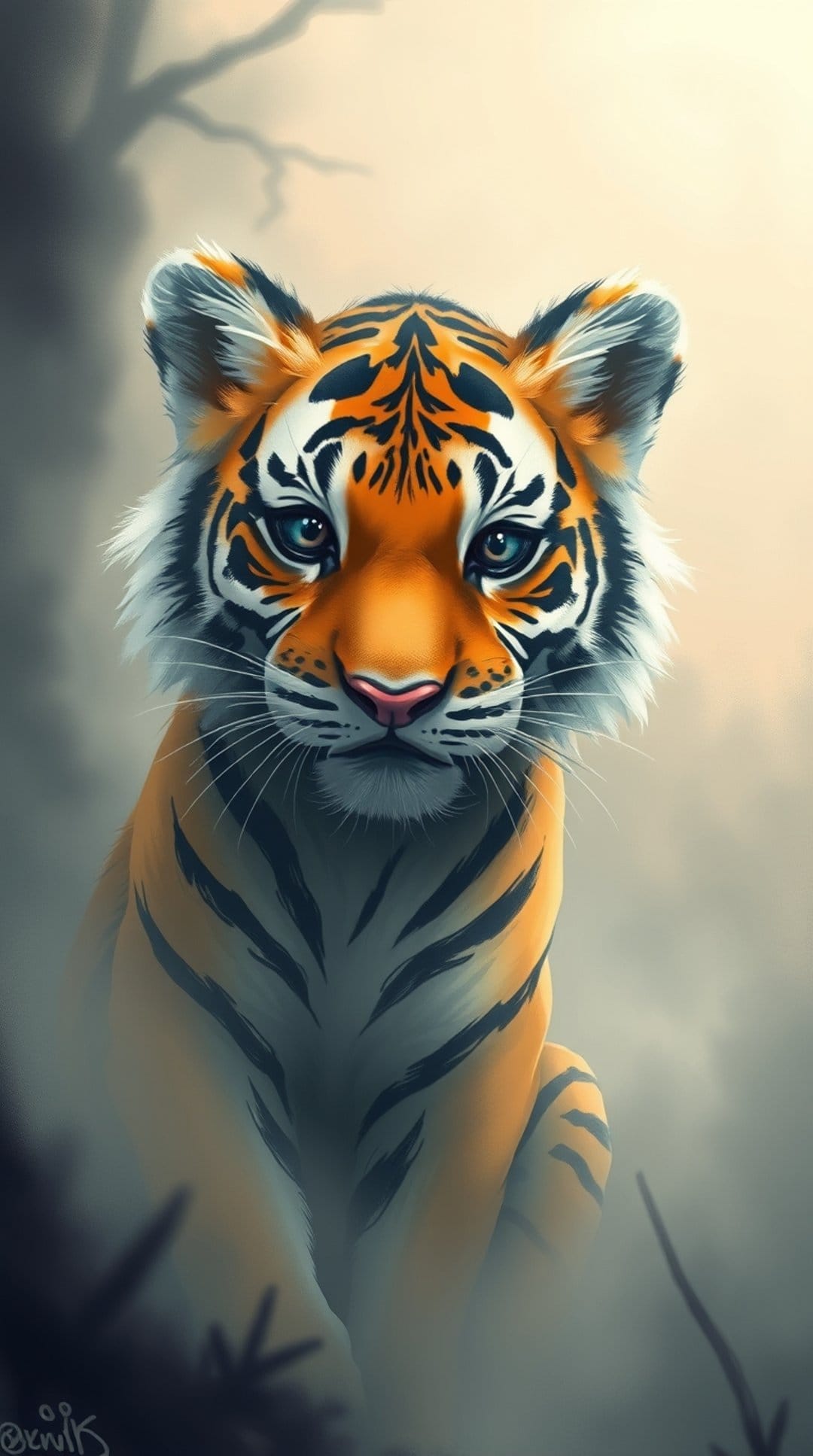 Tiger cub with blue eyes sits in a foggy forest with soft light illuminating its striped fur and whiskers.