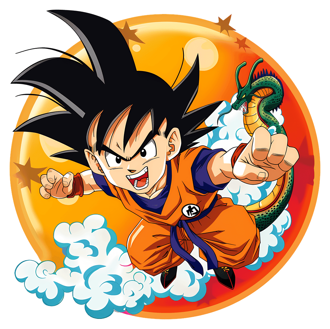 Goku anime character in an orange gi performing a martial arts pose with a green dragon and white clouds.