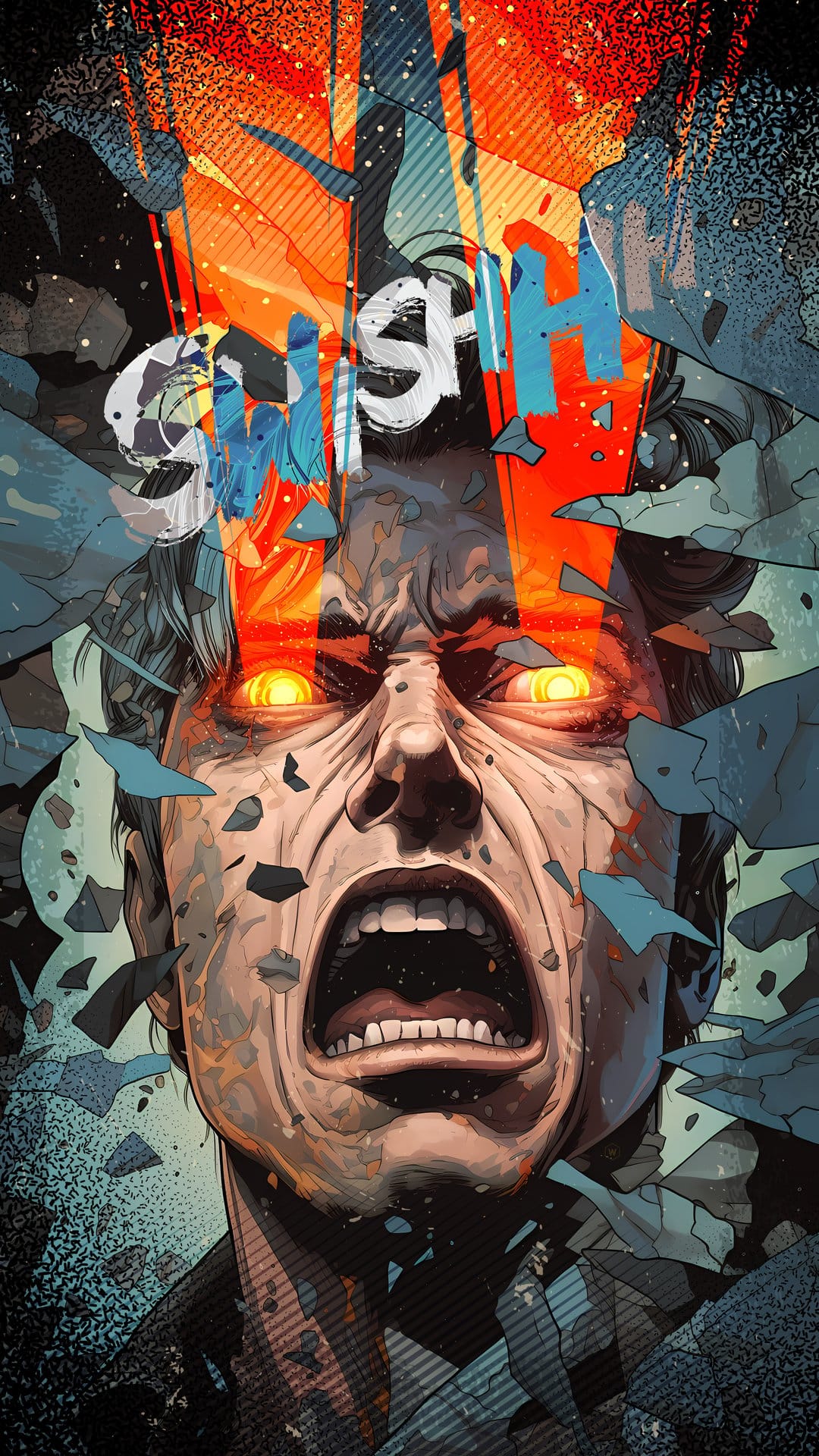Man with glowing orange eyes screams as the word SMASH explodes from his head amidst shattered glass pieces.