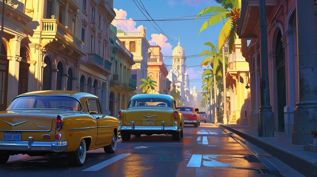 Yellow vintage cars drive down a wet Cuban street lined with colonial buildings and palm trees under a pink sunset.