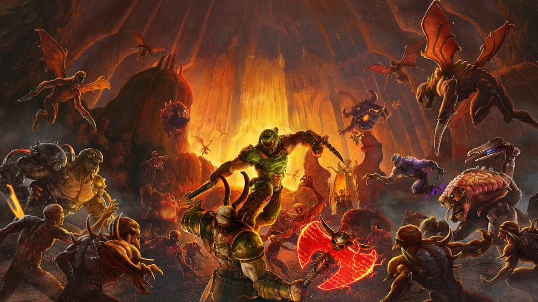 Doomguy combat scene with demons in a volcanic hellscape featuring detailed green armor and glowing embers.