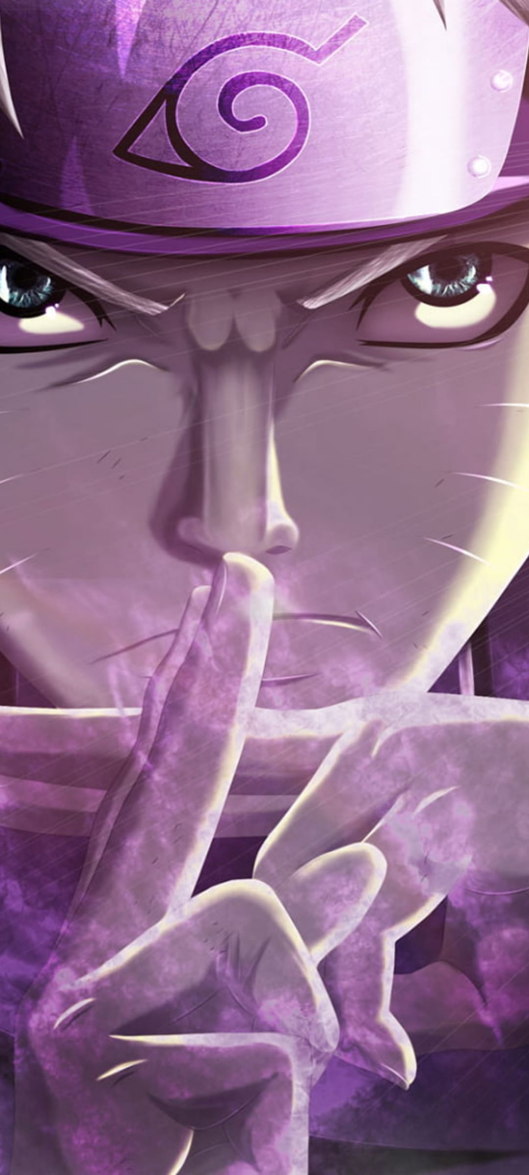 Naruto Uzumaki performs a shinobi hand seal with glowing purple energy near his face and focused blue eyes.
