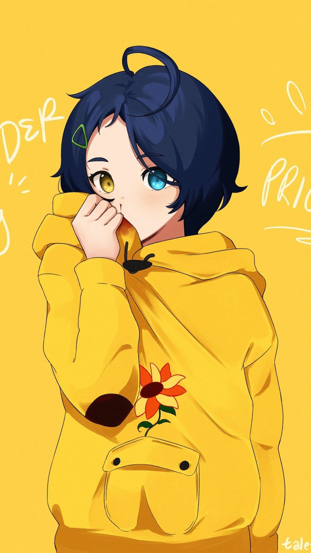 Blue-haired girl with heterochromia and a yellow floral hoodie covering her mouth against a yellow background.