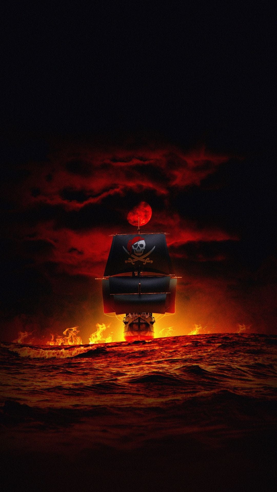 Burning pirate galleon on fiery ocean waves under a large blood moon with glowing embers in a dark red sky.