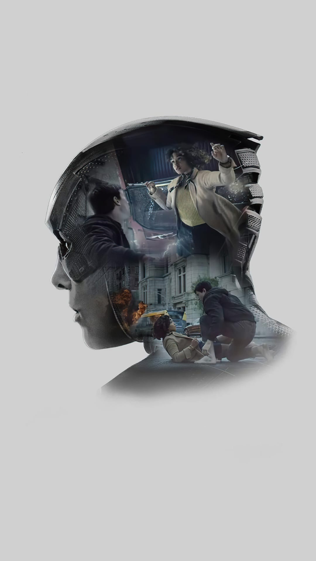 Spider-Man mask silhouette containing scenes of Peter Parker and action sequences against a grey background.