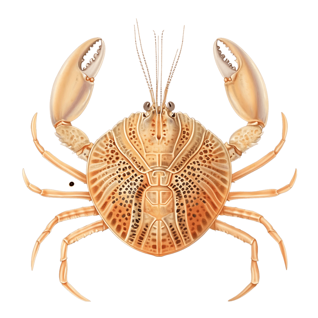 Orange crab crustacean with segmented legs and detailed carapace patterns isolated on a black background.