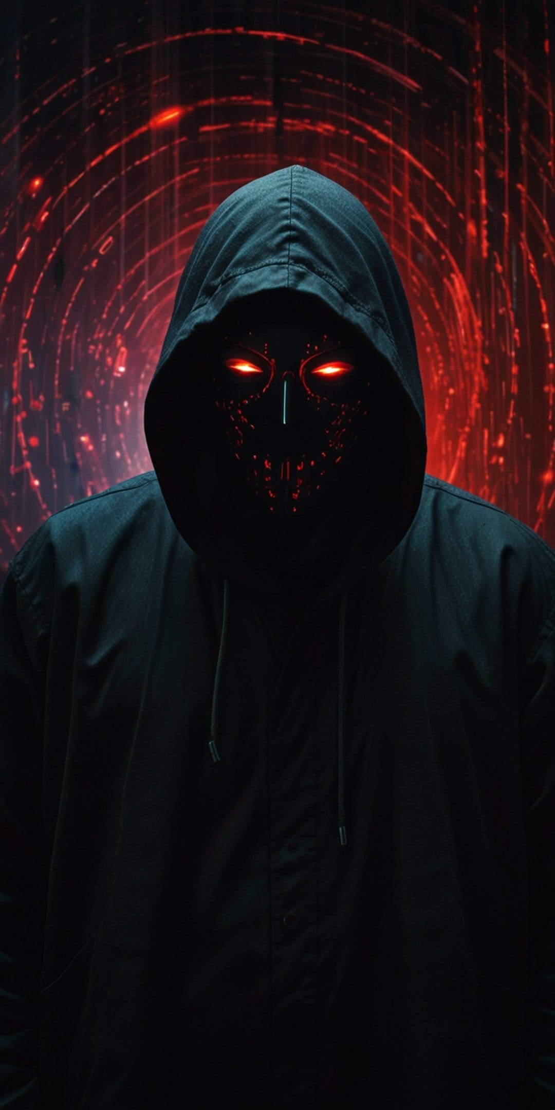 Hooded figure wearing a black mask with glowing red eyes against a swirling crimson digital vortex background.