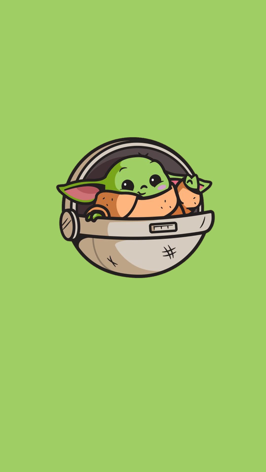 Grogu with large ears and dark eyes peeks from a metallic floating pod against a solid bright green background.
