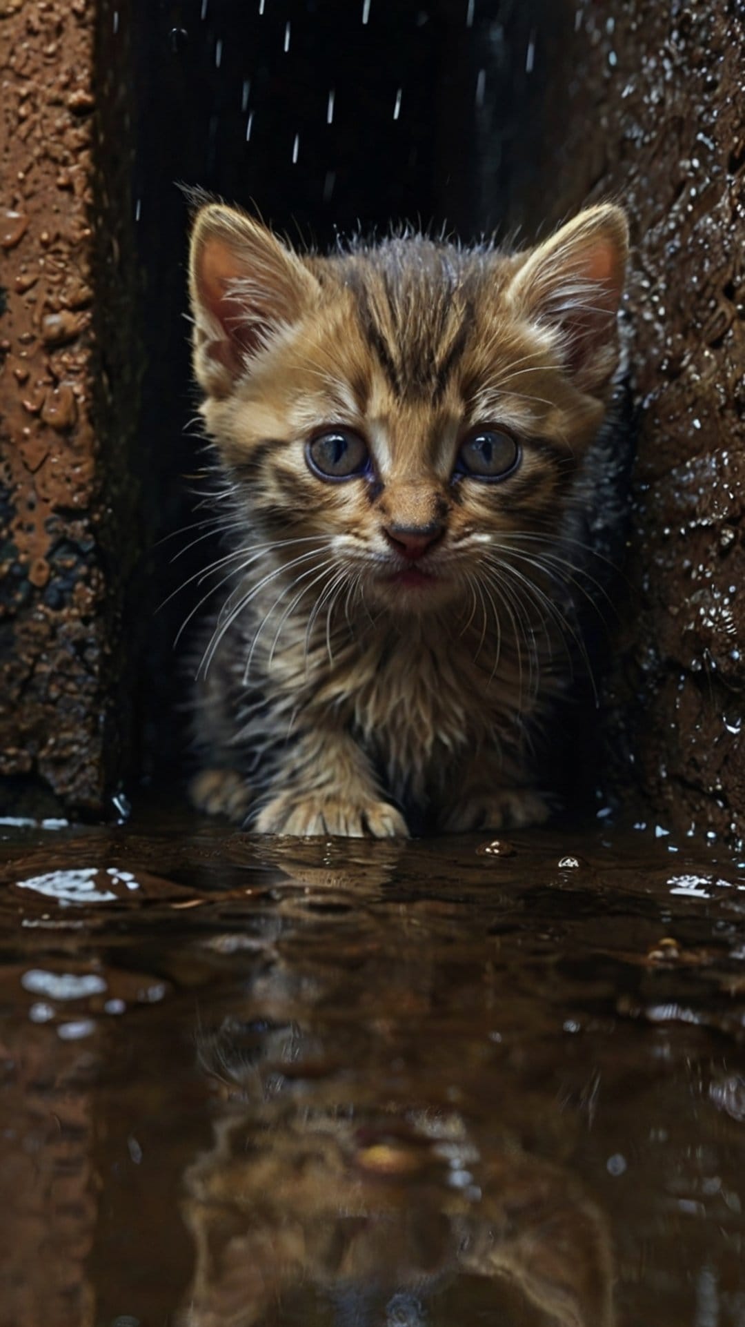Wet tabby kitten with large eyes huddles in a rain-slicked shelter, surrounded by puddles and dark textures.