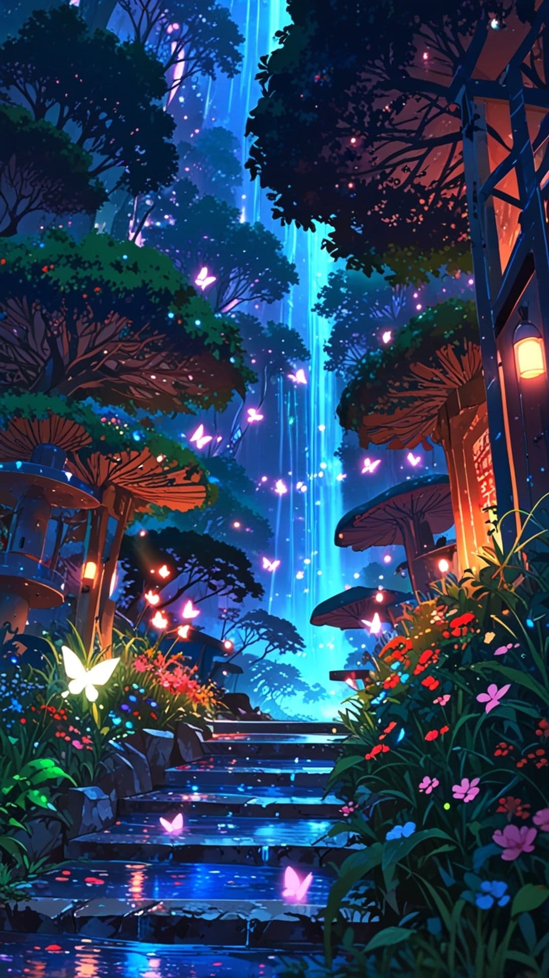 Luminous blue butterflies flutter around a tiered stone waterfall surrounded by glowing mushrooms and lanterns.