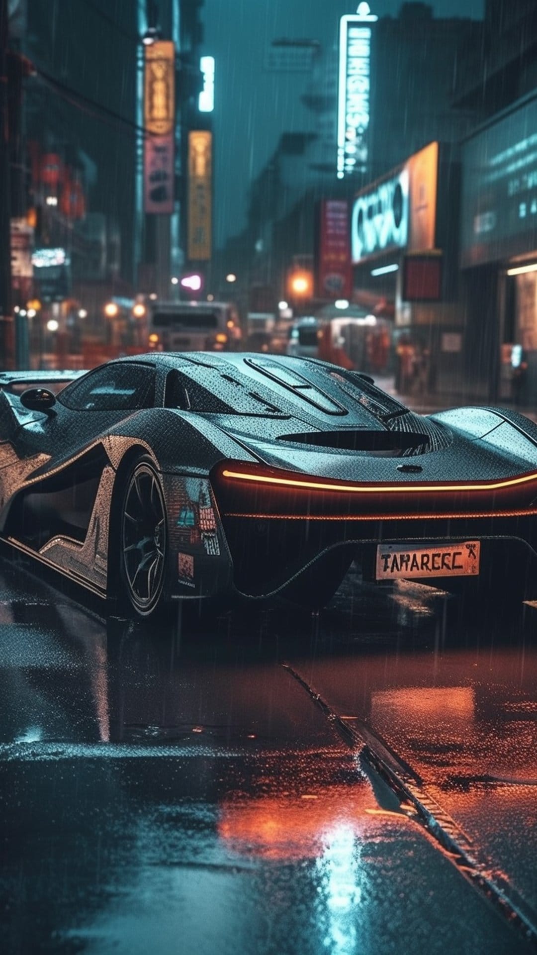 Black futuristic supercar with glowing orange taillights on a wet city street at night amidst neon signs.