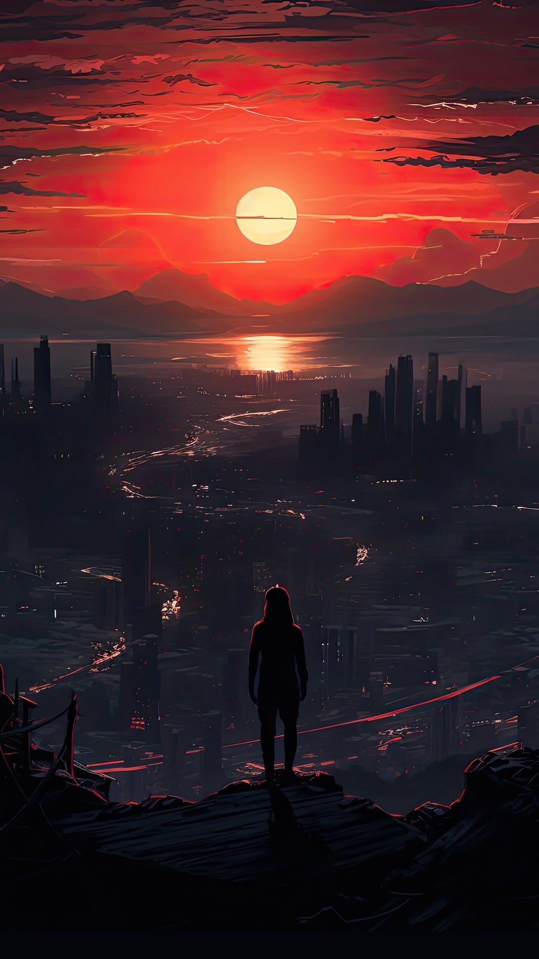 Lone silhouette on a rocky cliff watching a blood-red sun set behind a sprawling futuristic urban skyline.