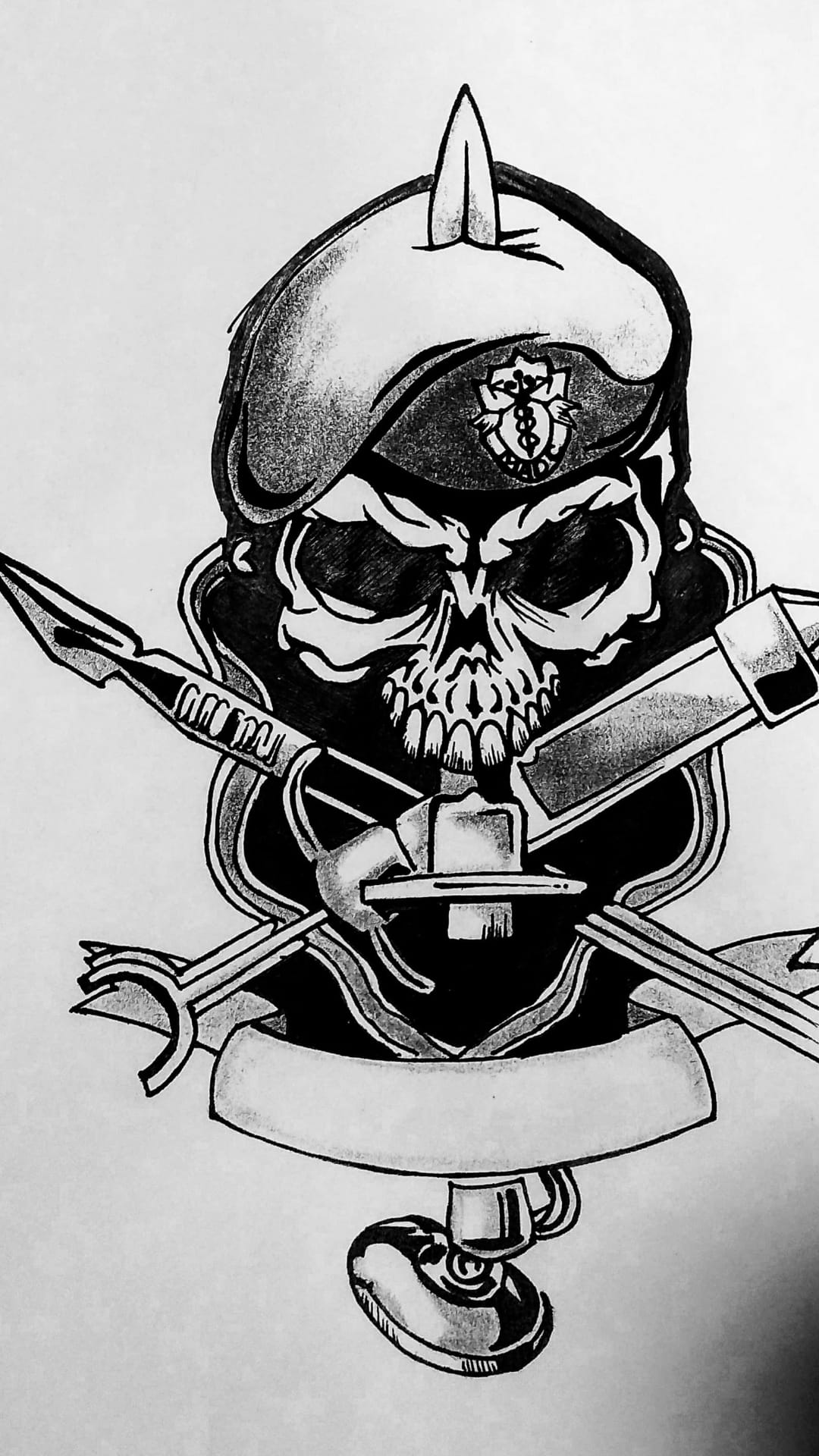 Skull wearing a beret with a medical insignia above crossed weapons and a banner using high contrast pencil shading.