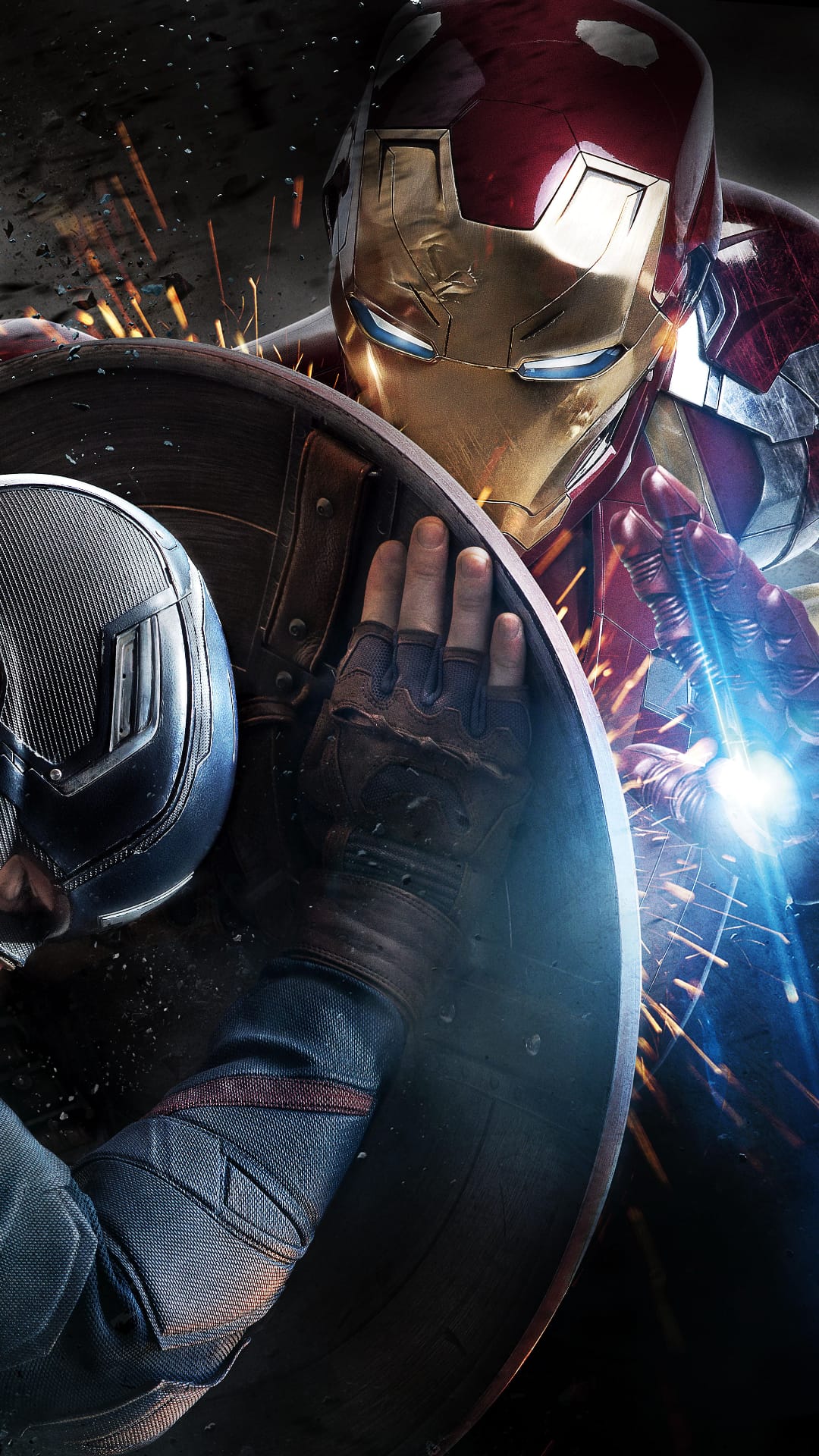 Iron Man fires a blue energy beam against Captain America's shield as golden sparks fly during an intense battle.
