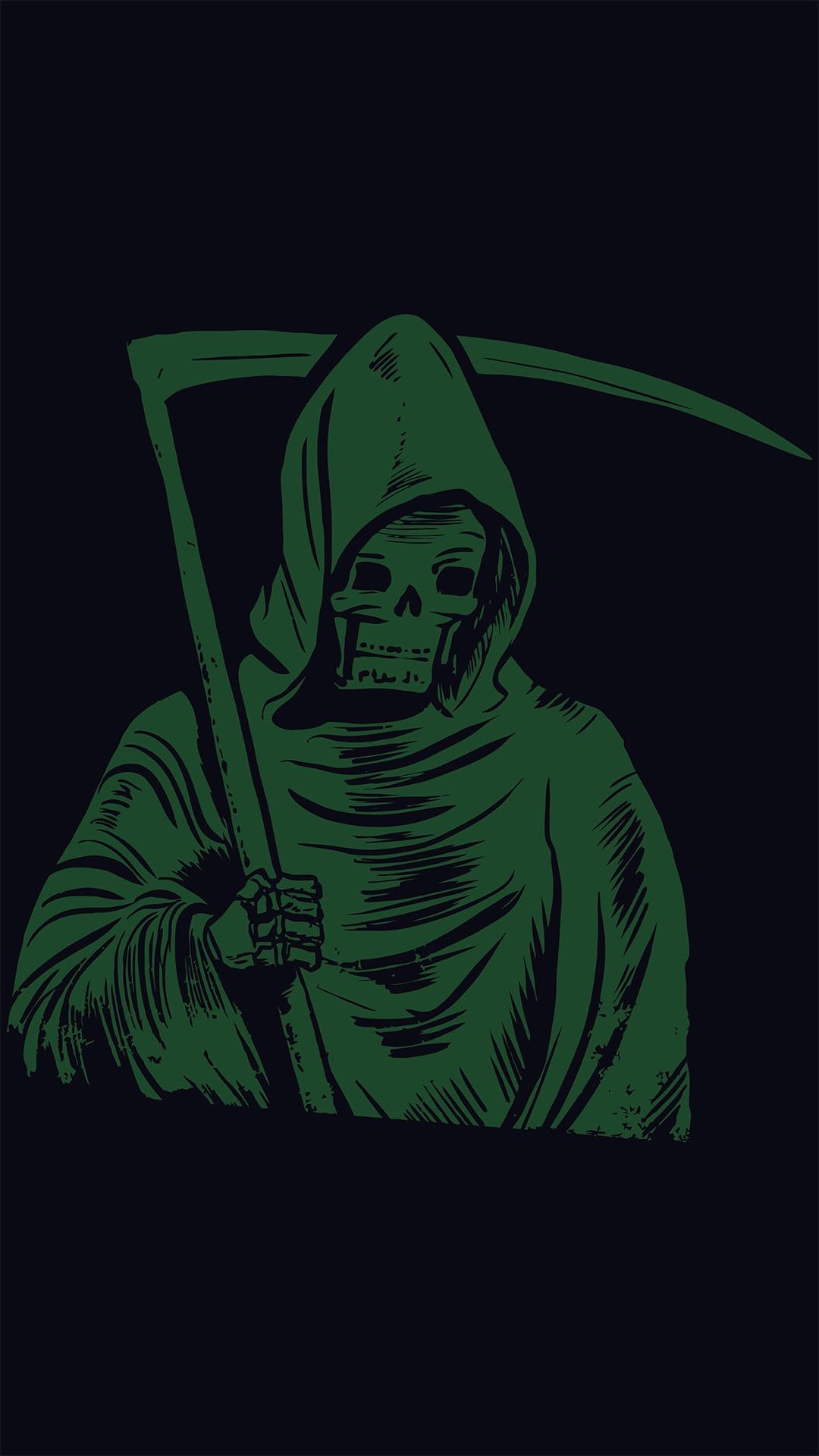 Skeletal reaper in a hooded cloak holds a curved scythe with a glowing emerald outline against a black backdrop.