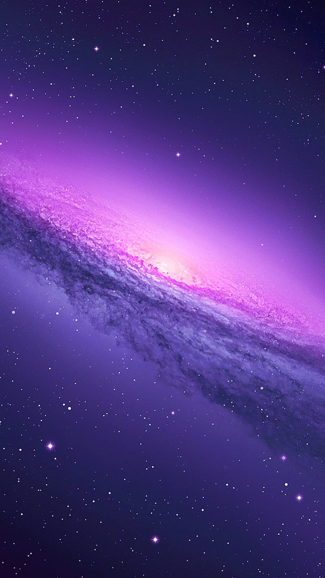 Purple nebula clouds and shimmering white stars scattered across a deep violet and magenta celestial void.