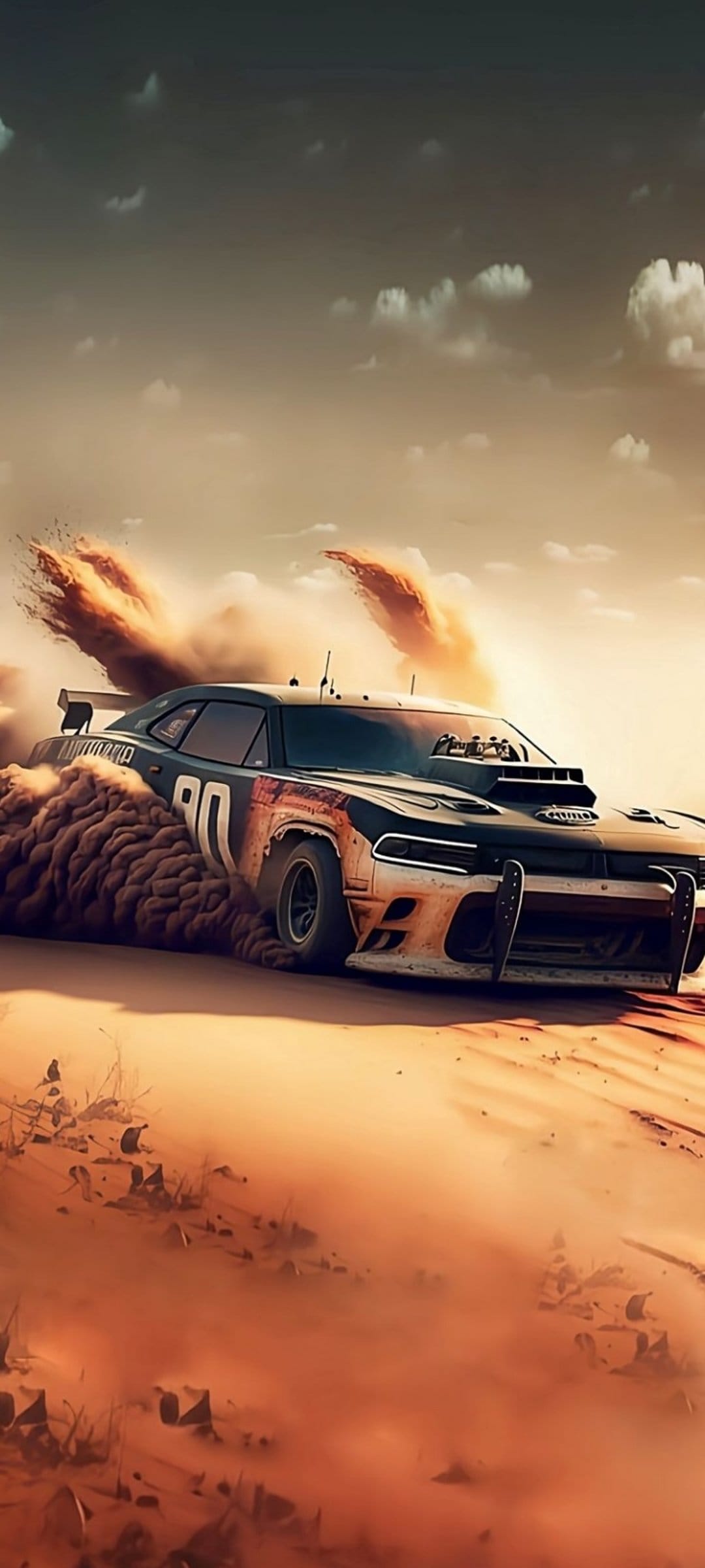 Weathered muscle car with number 90 racing through a thick desert dust storm under a hazy dramatic sky.
