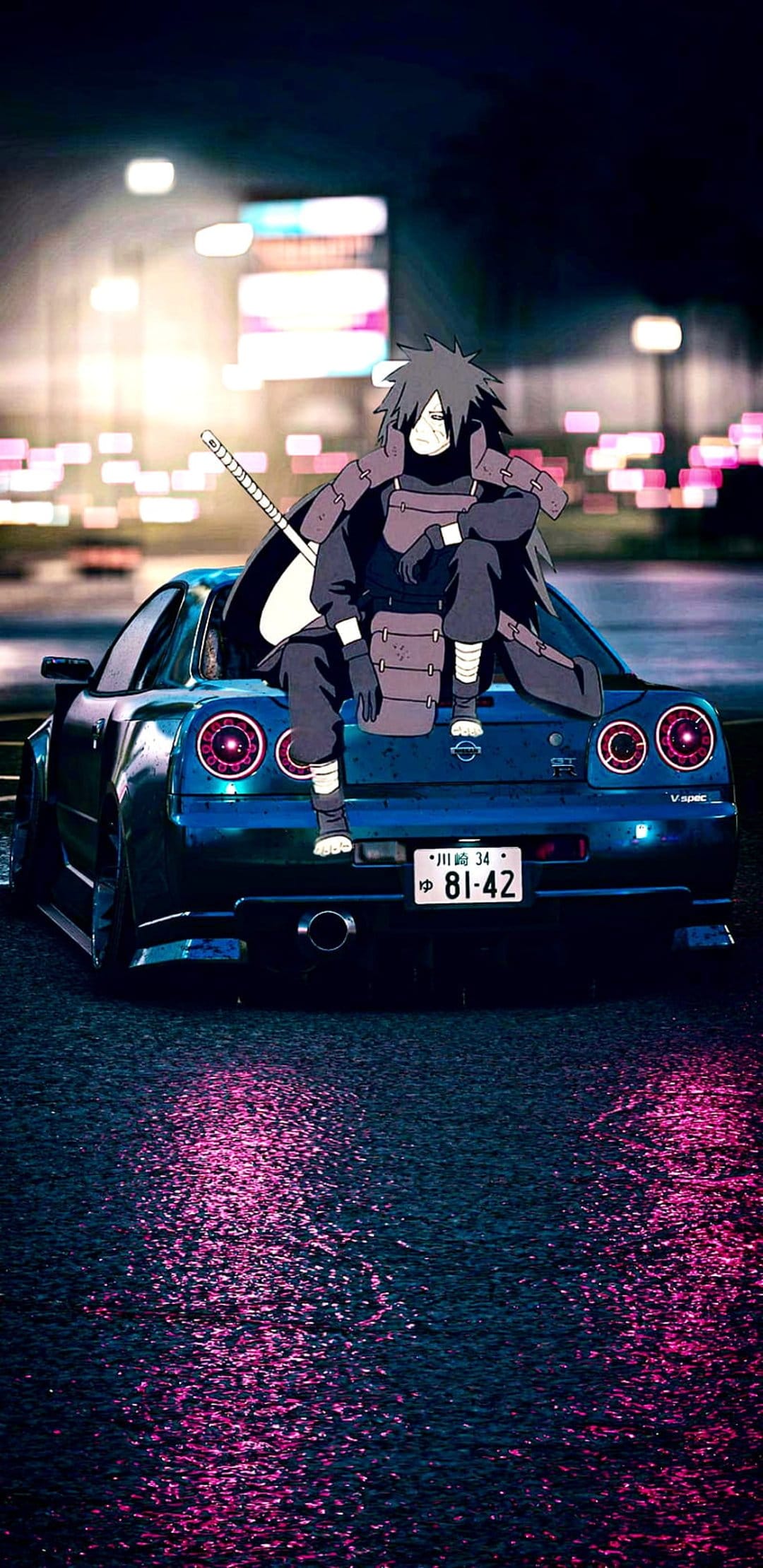 Madara Uchiha sits on a blue Nissan Skyline GT-R amidst neon city reflections on a wet urban street at night.