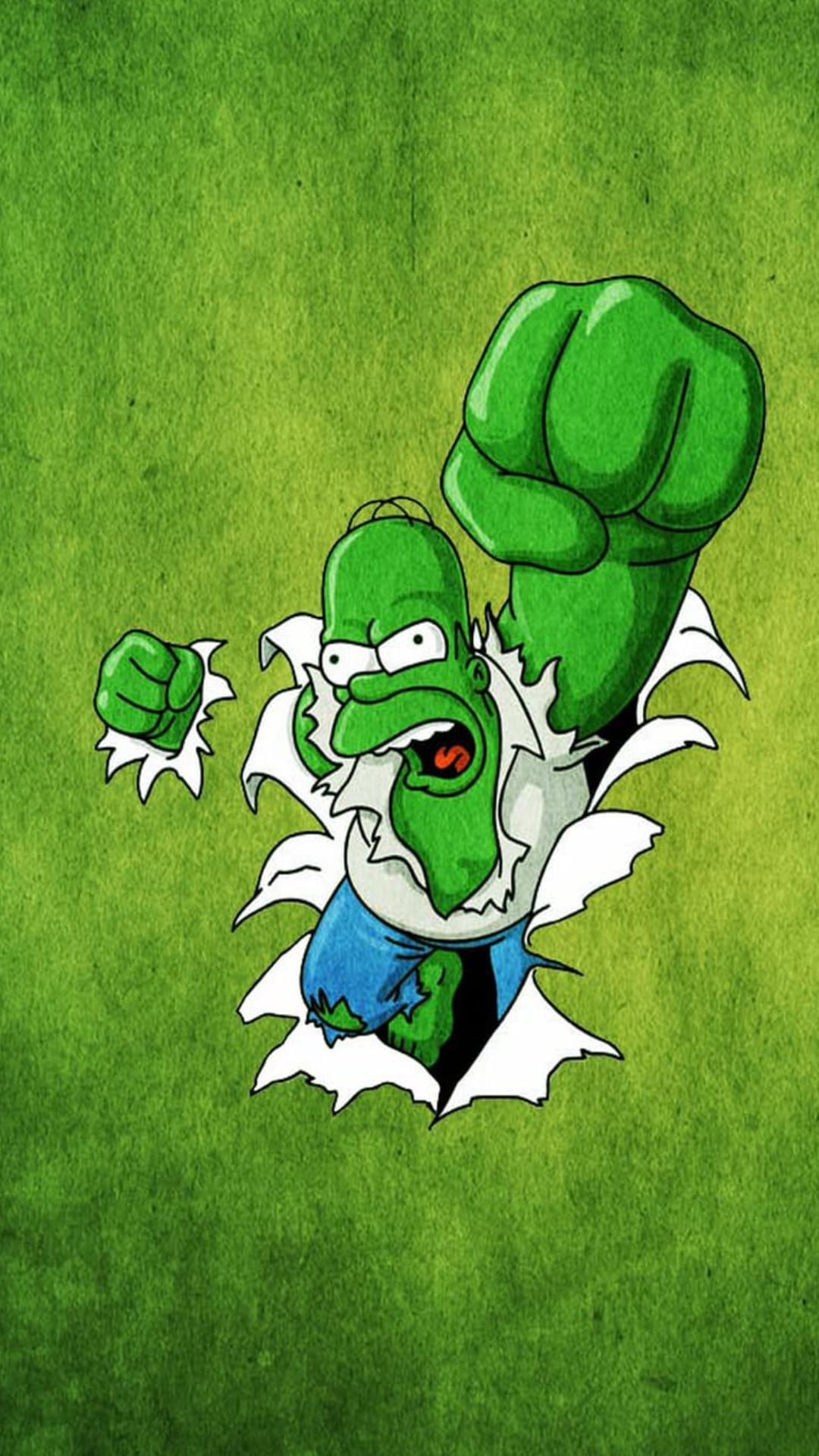 Homer Simpson with muscular green skin tears through a white paper surface while wearing a shredded blue shirt.