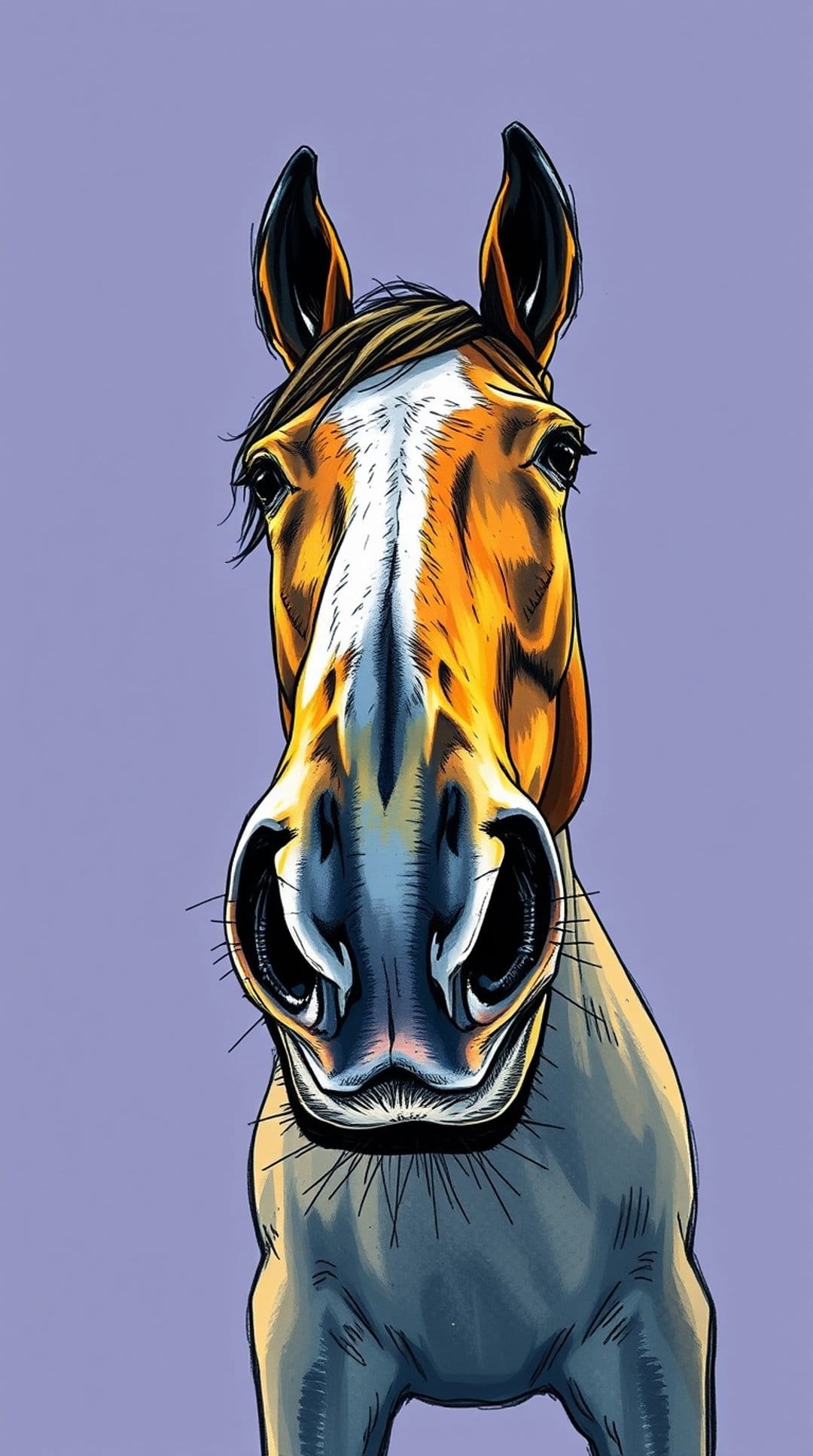 Horse with a white blaze and dark eyes faces forward against a solid purple background in a close-up portrait.