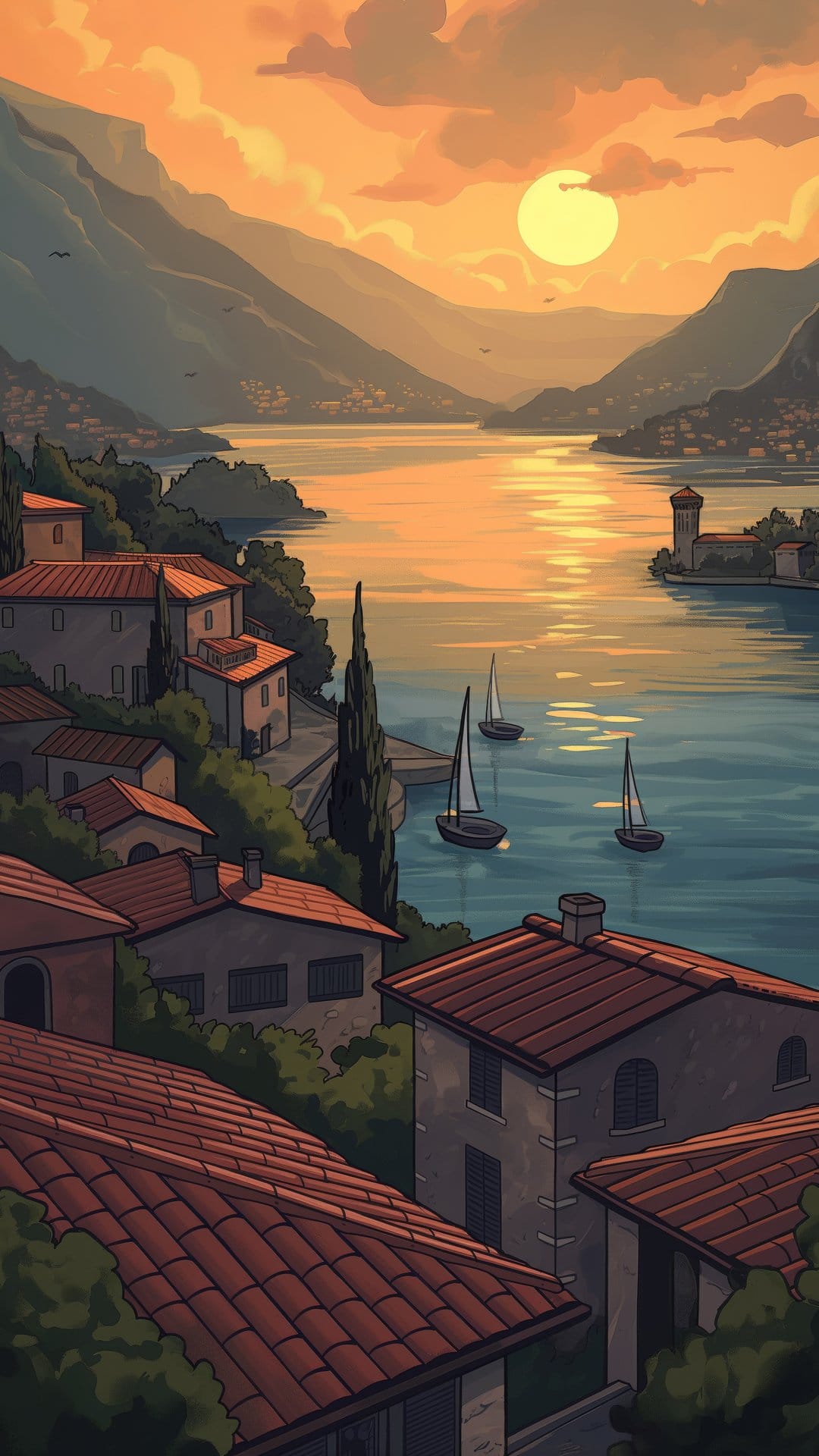Terracotta villas and sailboats on an Italian lake under an orange sunset sky with mountain silhouettes.