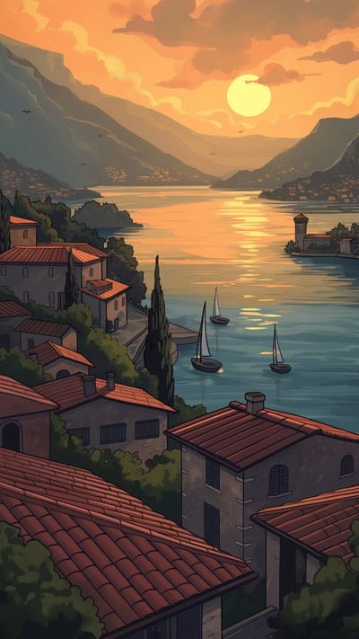 houses,river,boats,mountains,sun,art