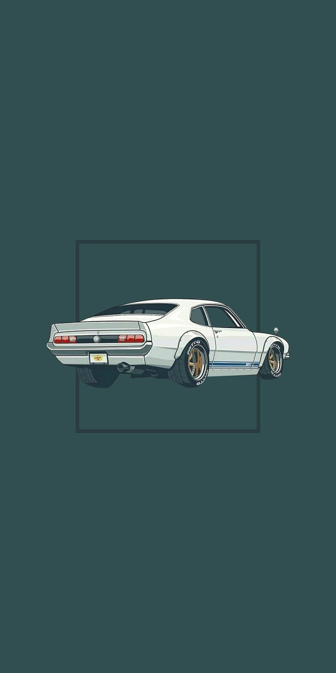 White muscle car with blue stripes and gold rims sits centered on a dark teal background with a grey frame.