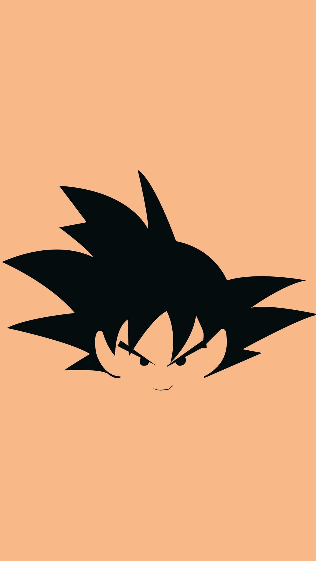 Goku silhouette with spiky hair and white eyes centered against a solid pastel peach background.
