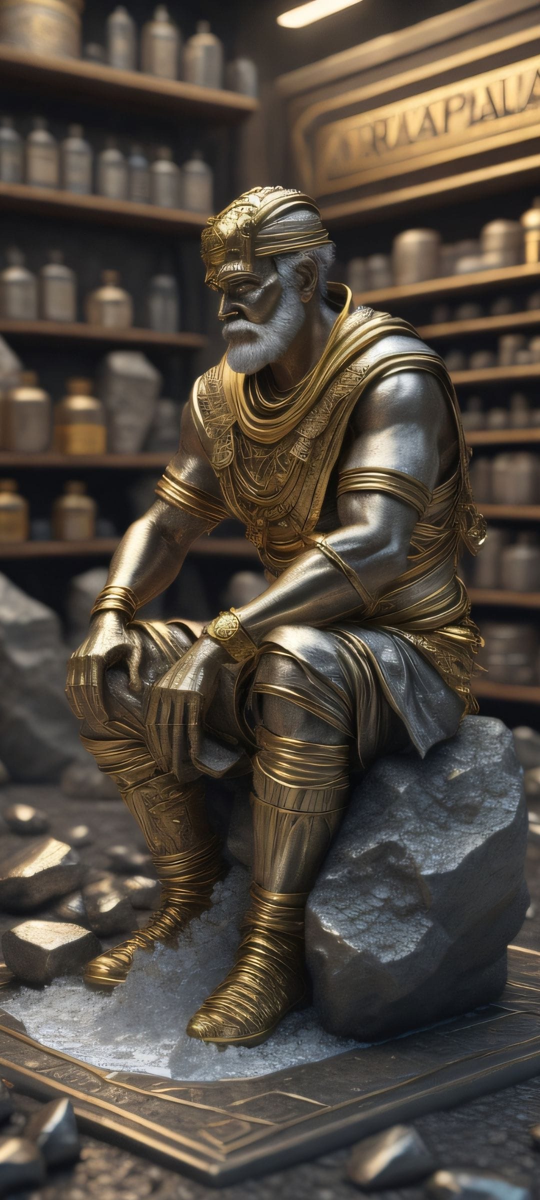 Golden king statue wearing detailed armor and a crown sits on a rock near shelves of glass bottles and jars.