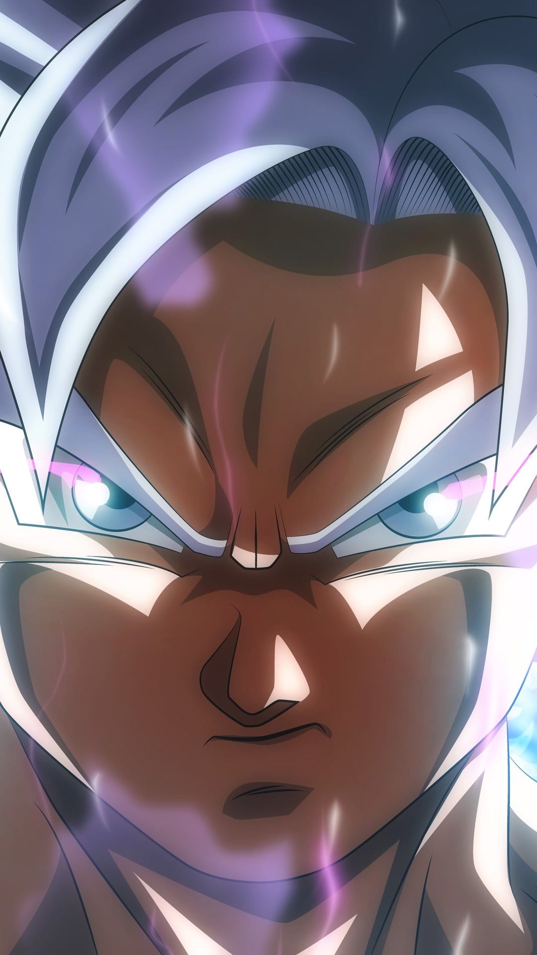 Goku with silver hair and glowing blue eyes surrounded by a faint purple aura in a vertical portrait view.