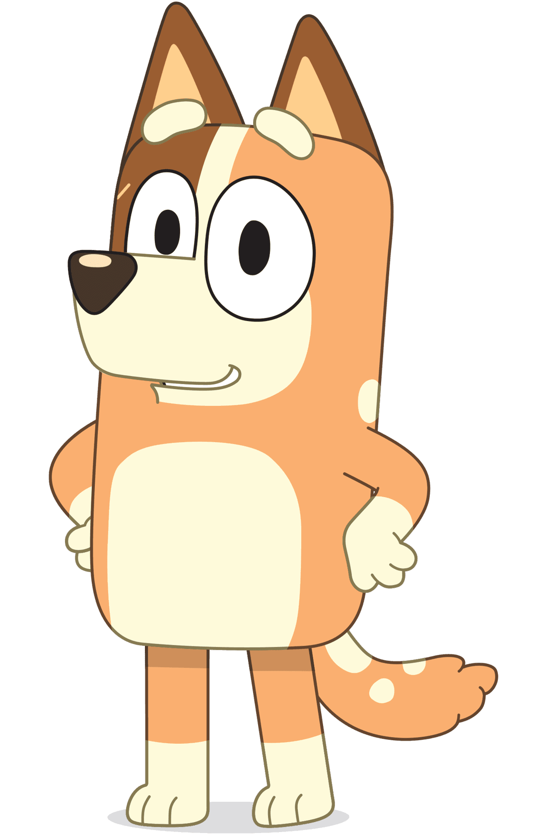 Orange dog cartoon character standing with upright ears and cream markings on a transparent background.