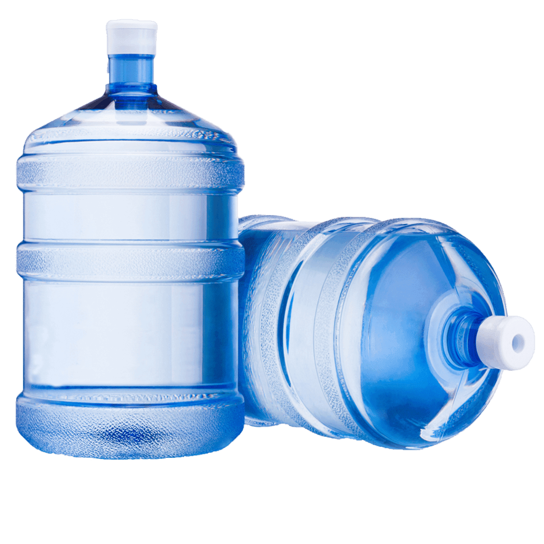 Gallon plastic water bottle featuring clear liquid and a blue cap against a transparent background.