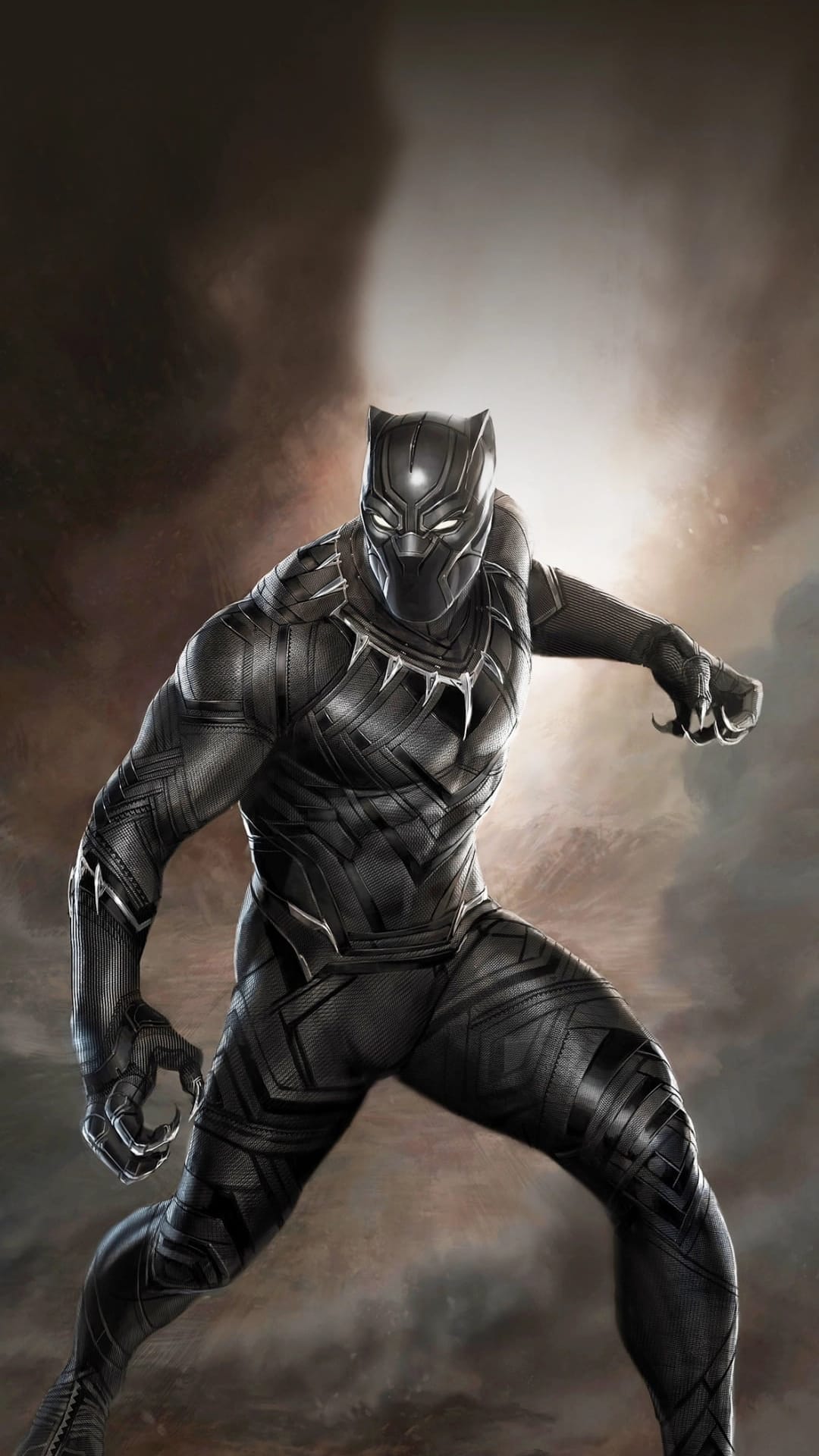 Black Panther in a silver-etched black suit crouches before a dark sky with swirling gray clouds and light rays.